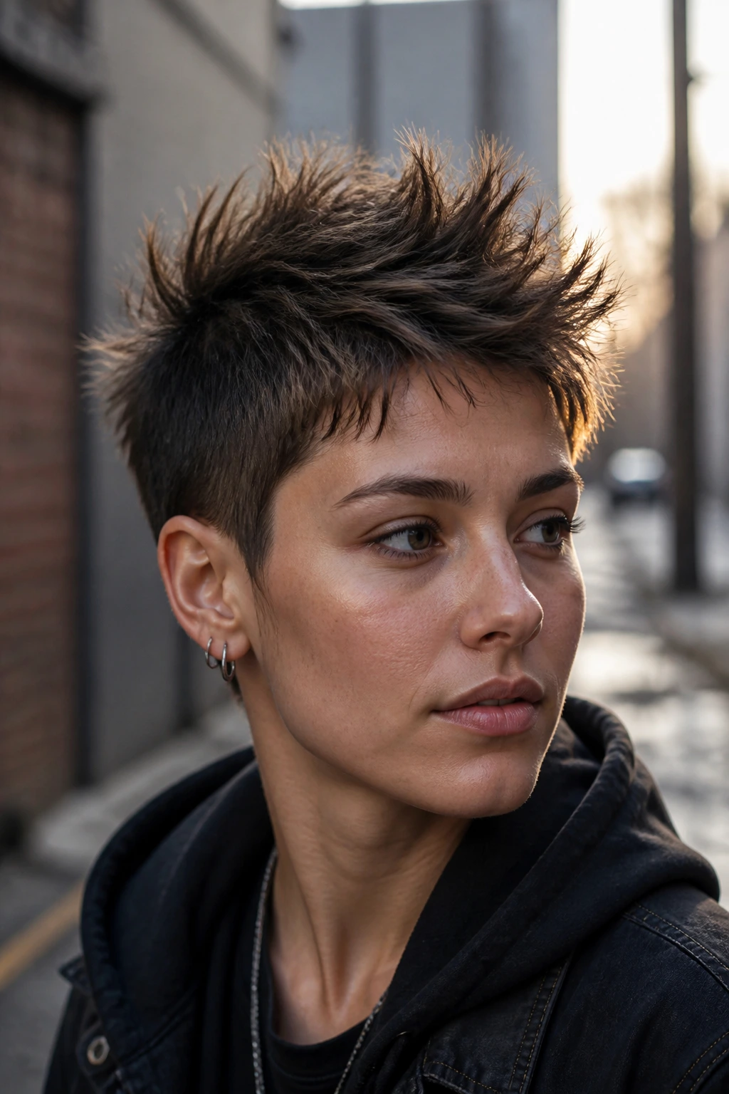 Portrait of a real person with a spiky bedhead crop in an urban alley