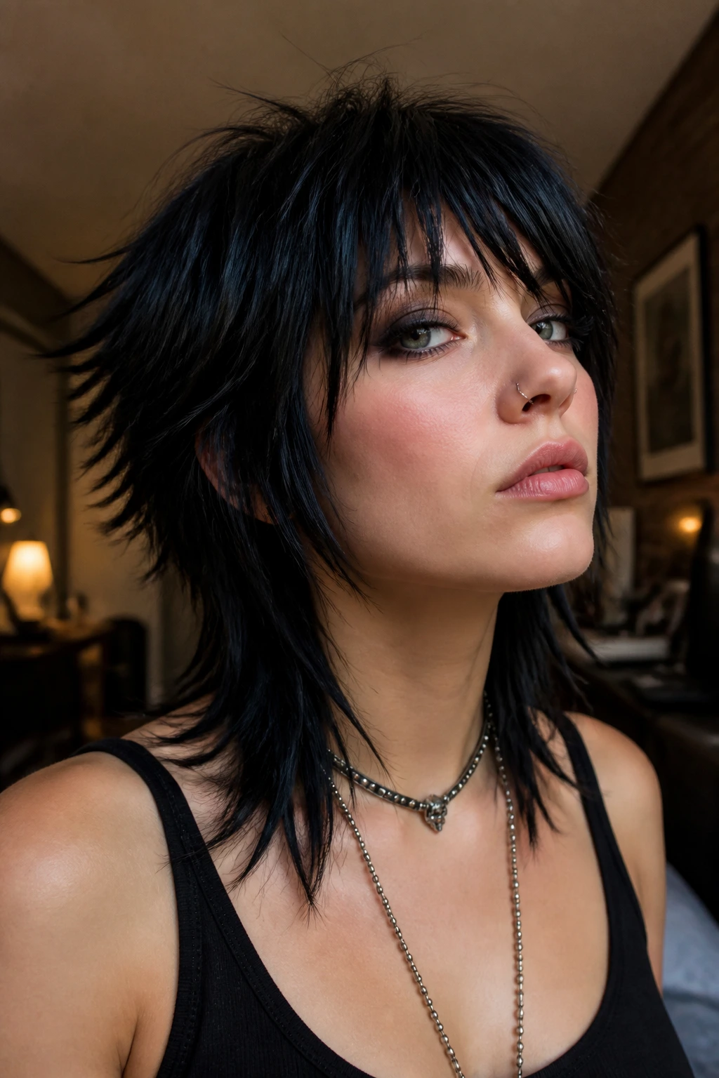 Close-up of real person's hair with spiky ends created by pomade in a moody indoor setting.