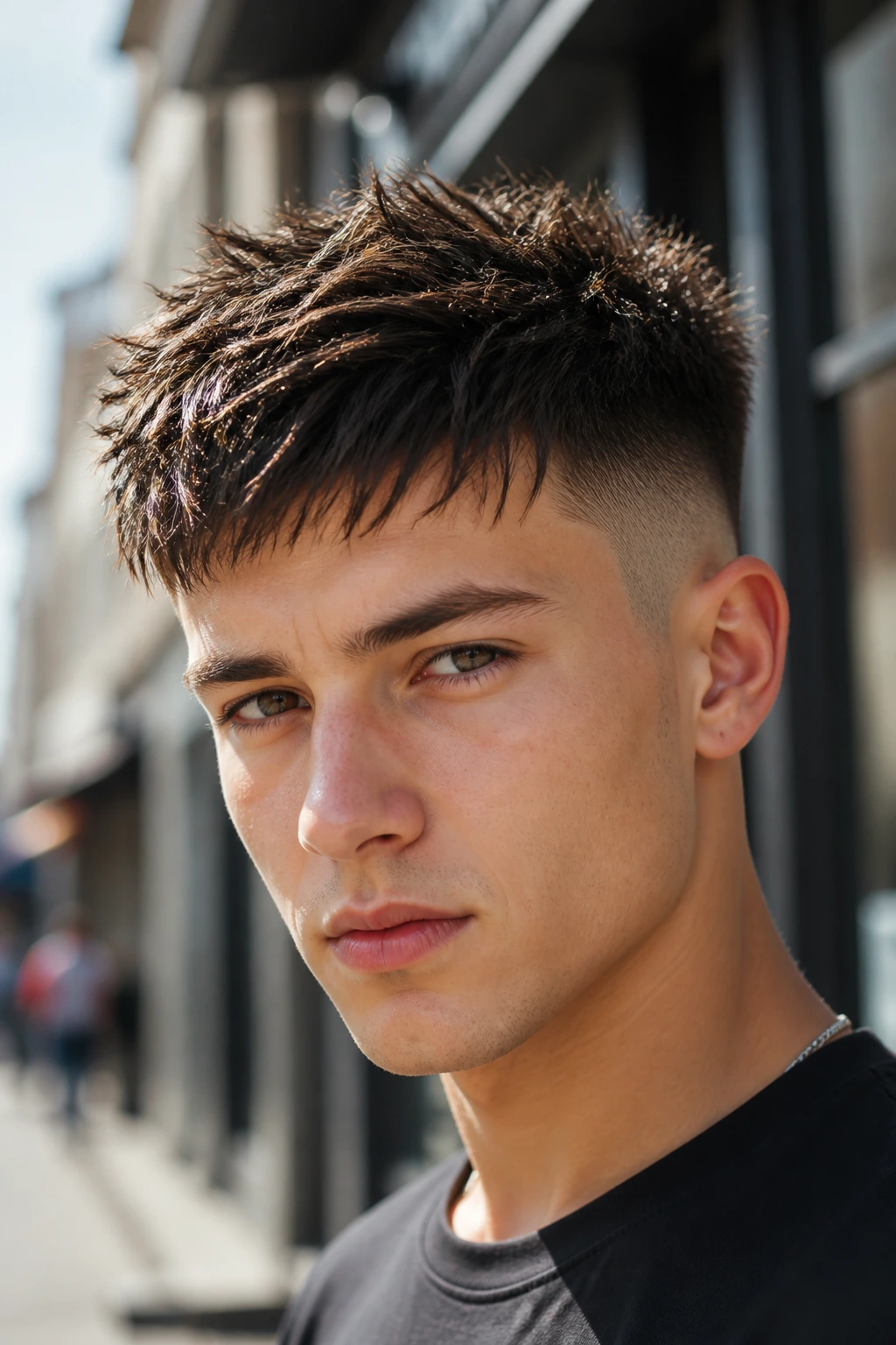 Close-up of a real person with spiky fringe and fade