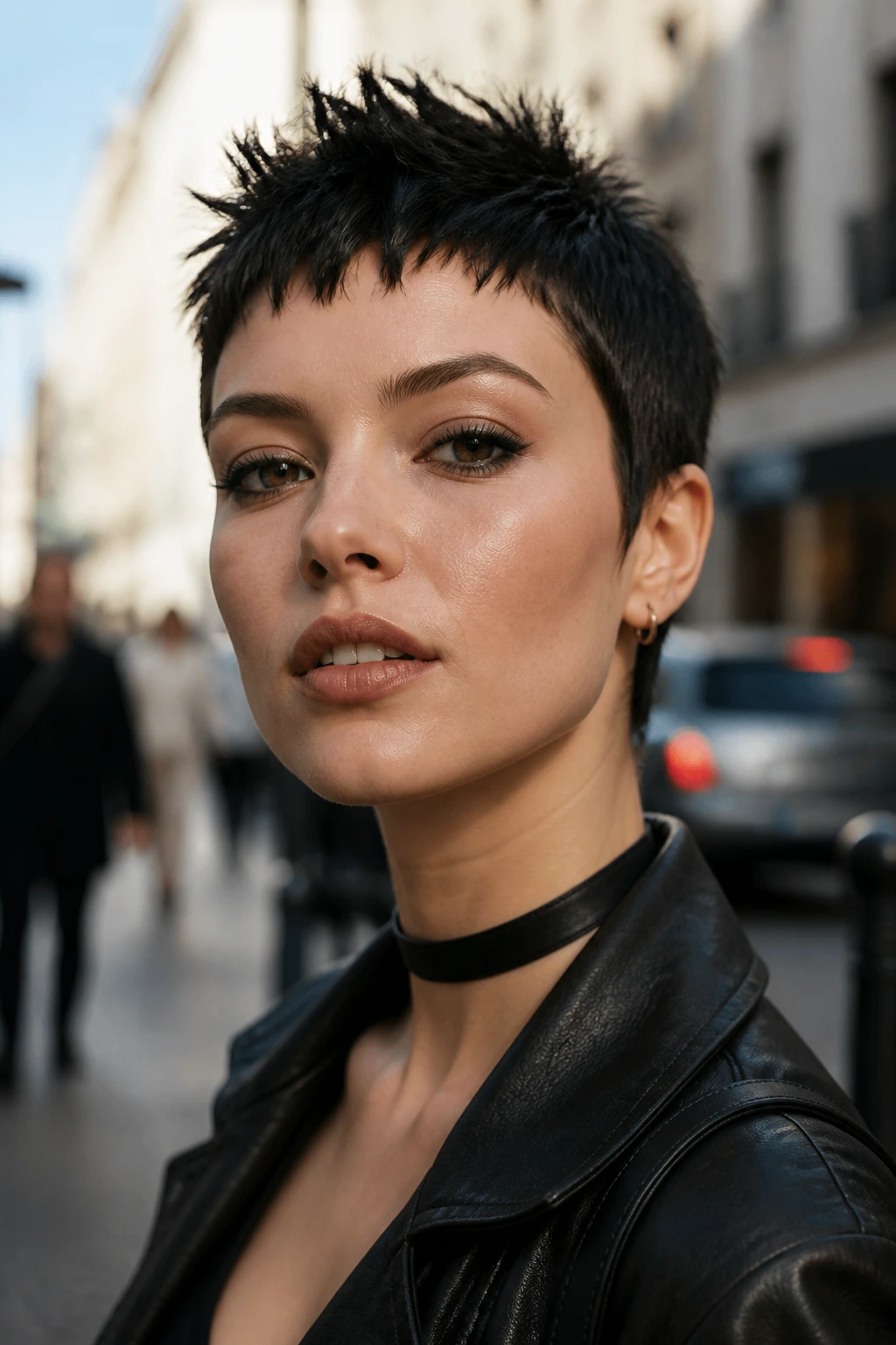 Close-up of a real woman with spiky micro fringe on a bright city street.