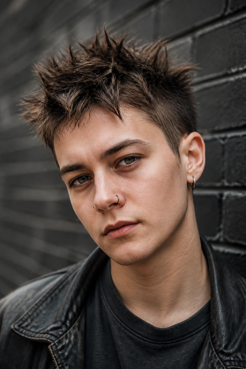 Portrait of a person with a spiky bedhead crop against an urban brick backdrop