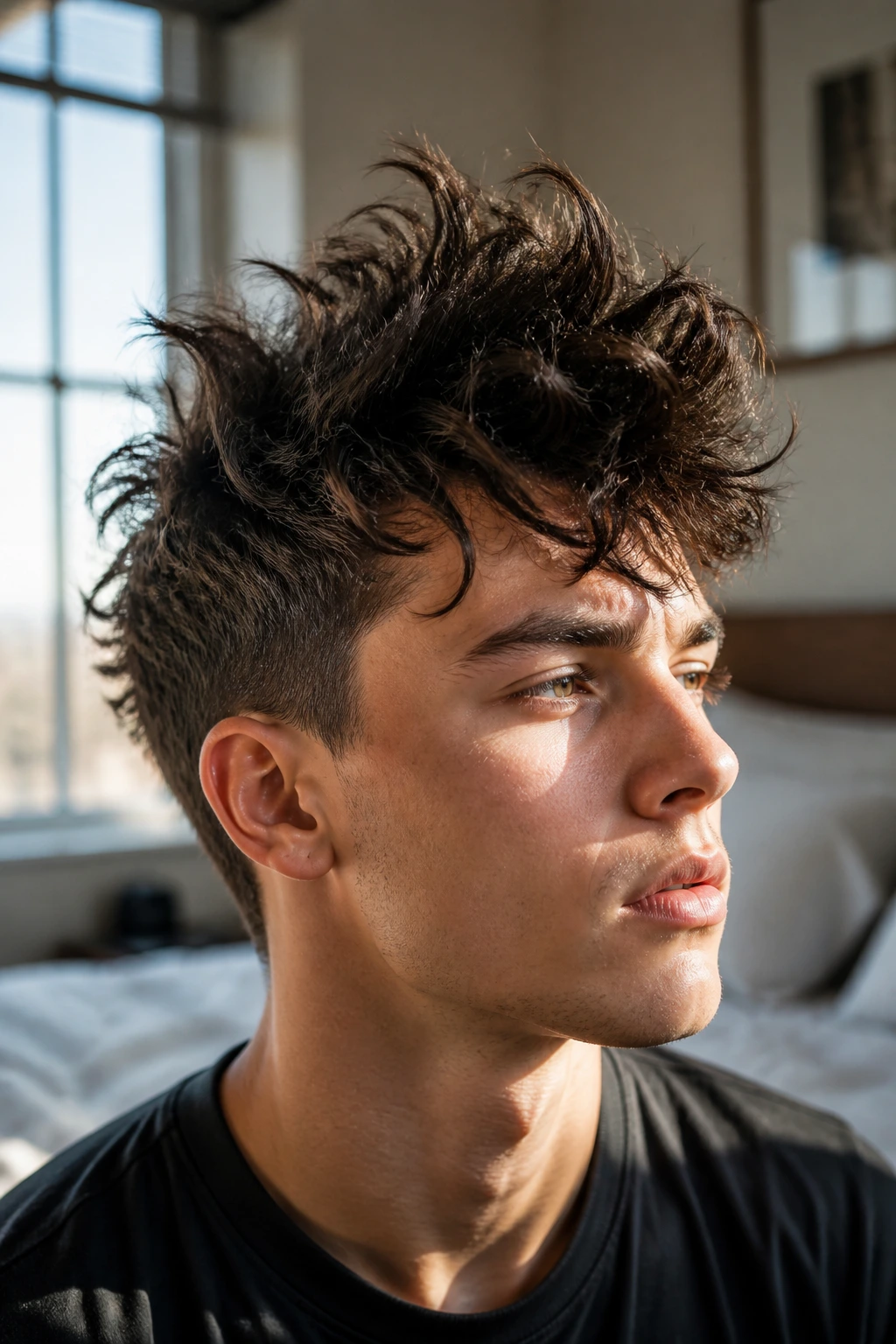 Close-up of a real person with spiky bedhead mohawk in a bedroom