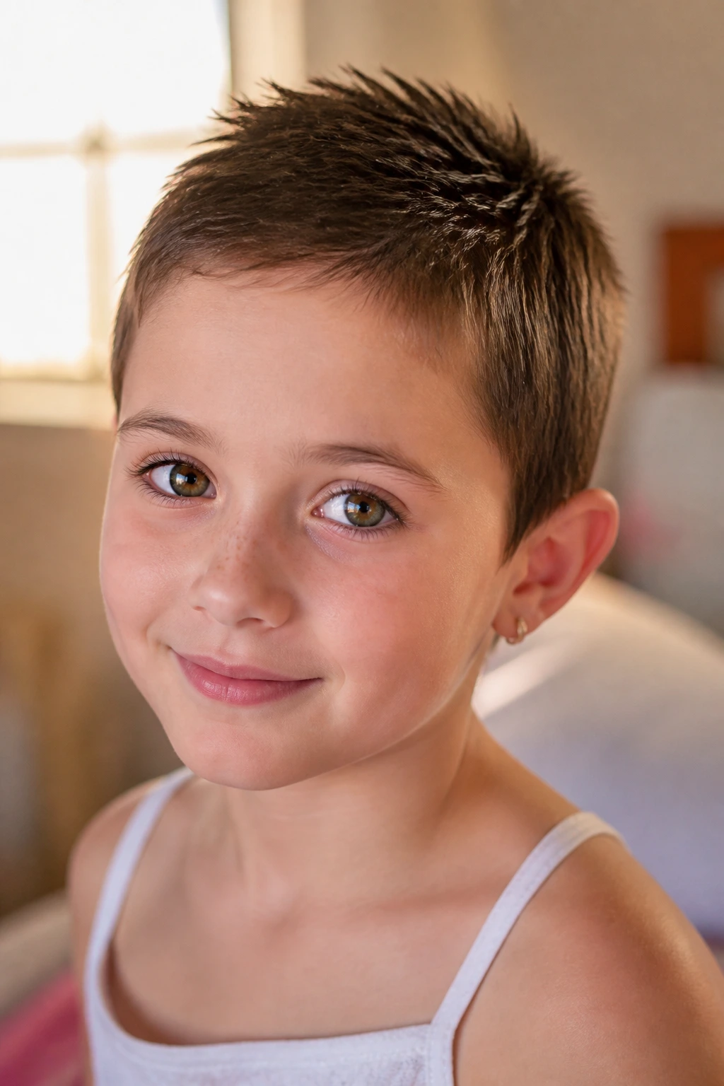 Close-up portrait of a girl with a spiky pixie haircut.