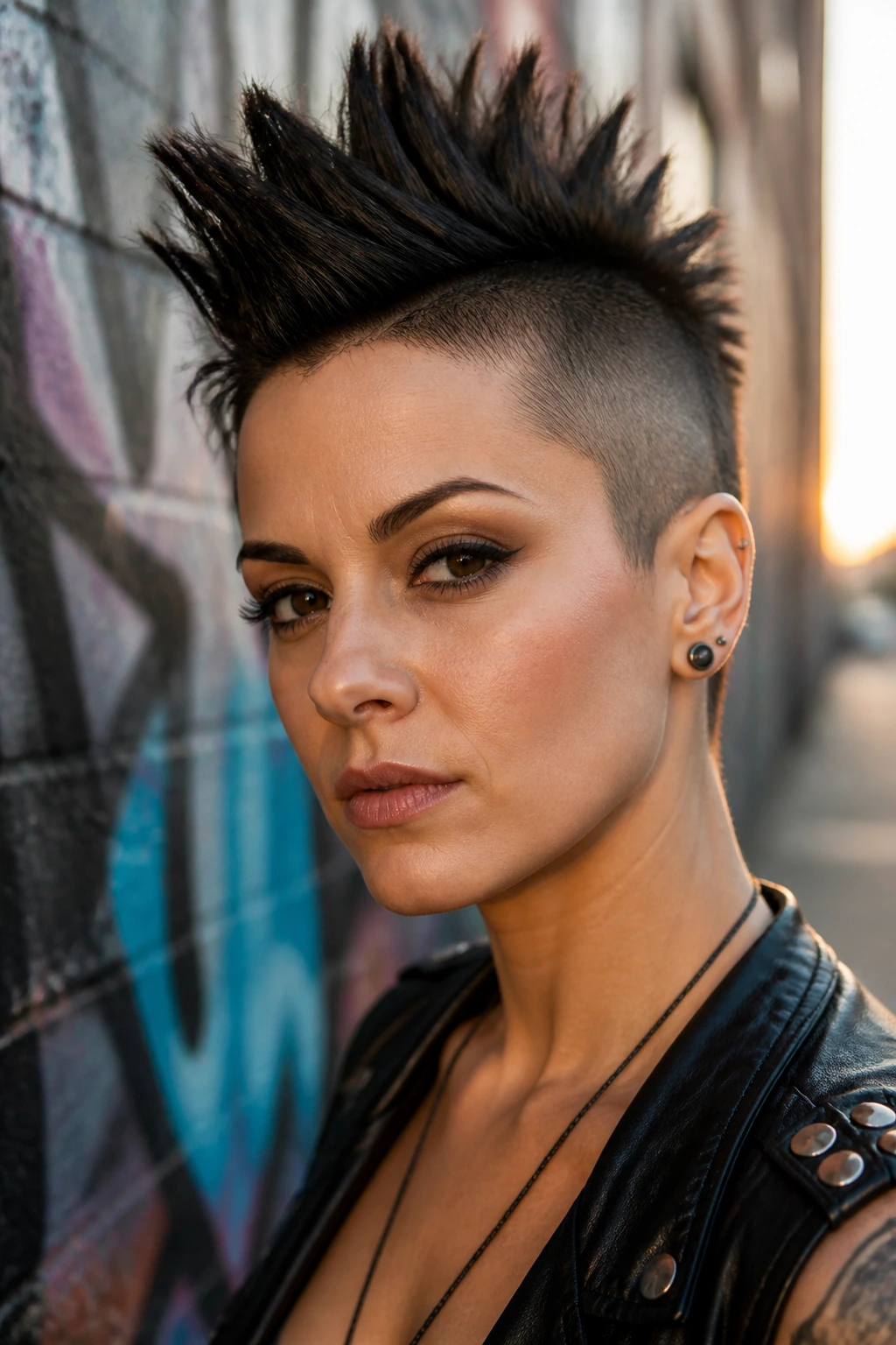 Close-up of a real woman with spiky pixie on an urban street