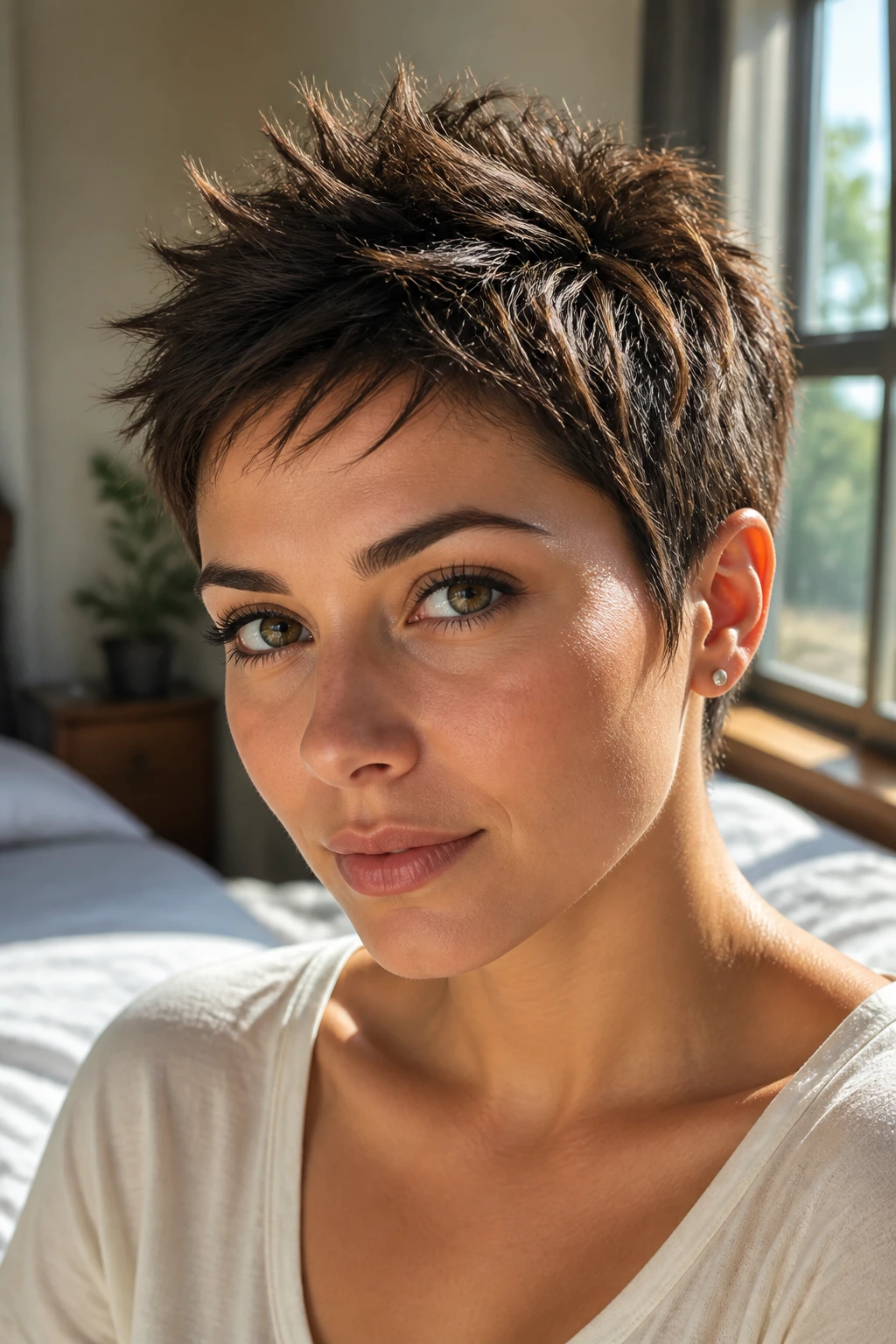 Close-up of a real woman with a textured spiky pixie for thick hair