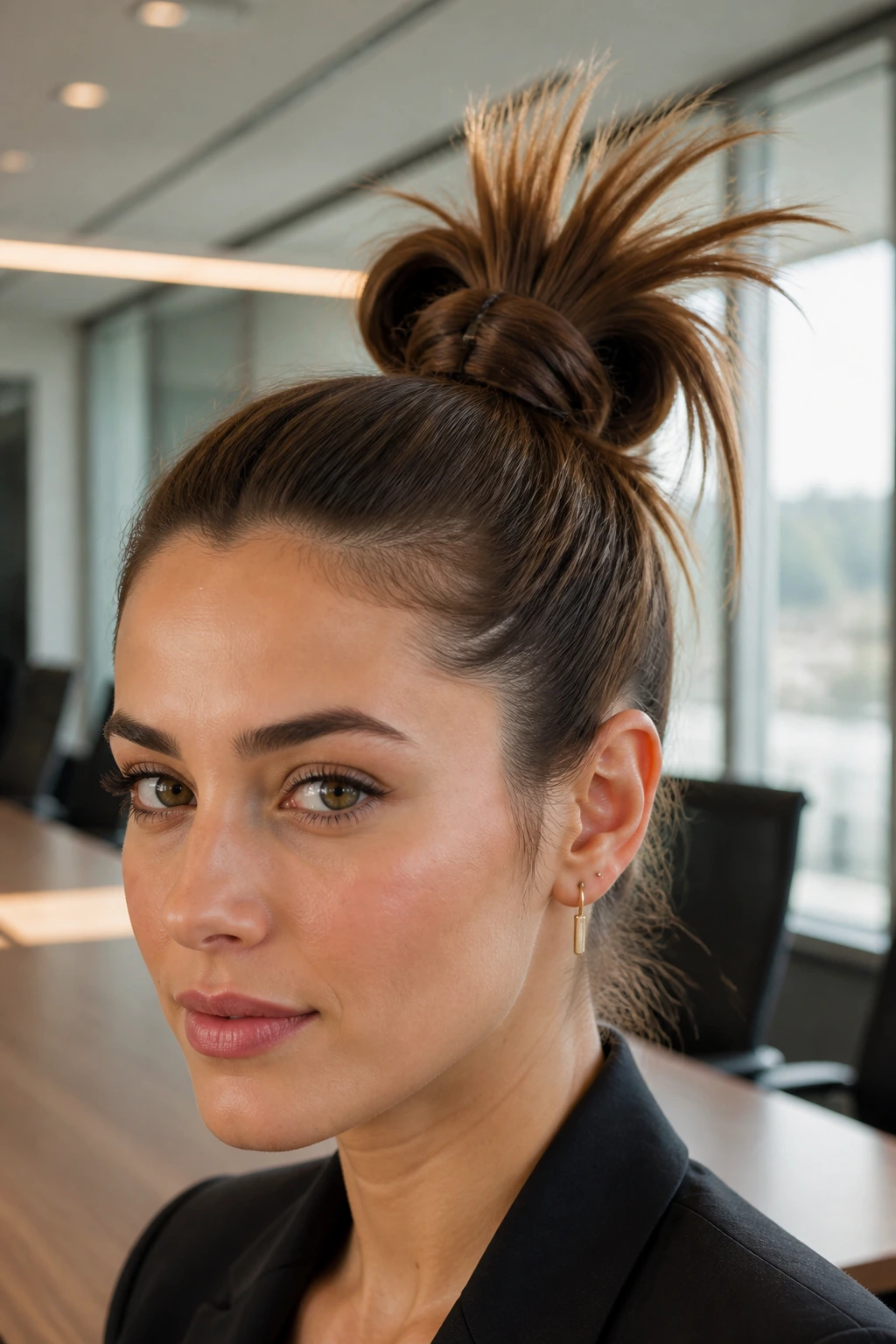 Portrait of a real woman with a high ponytail and spiky Y2K knot