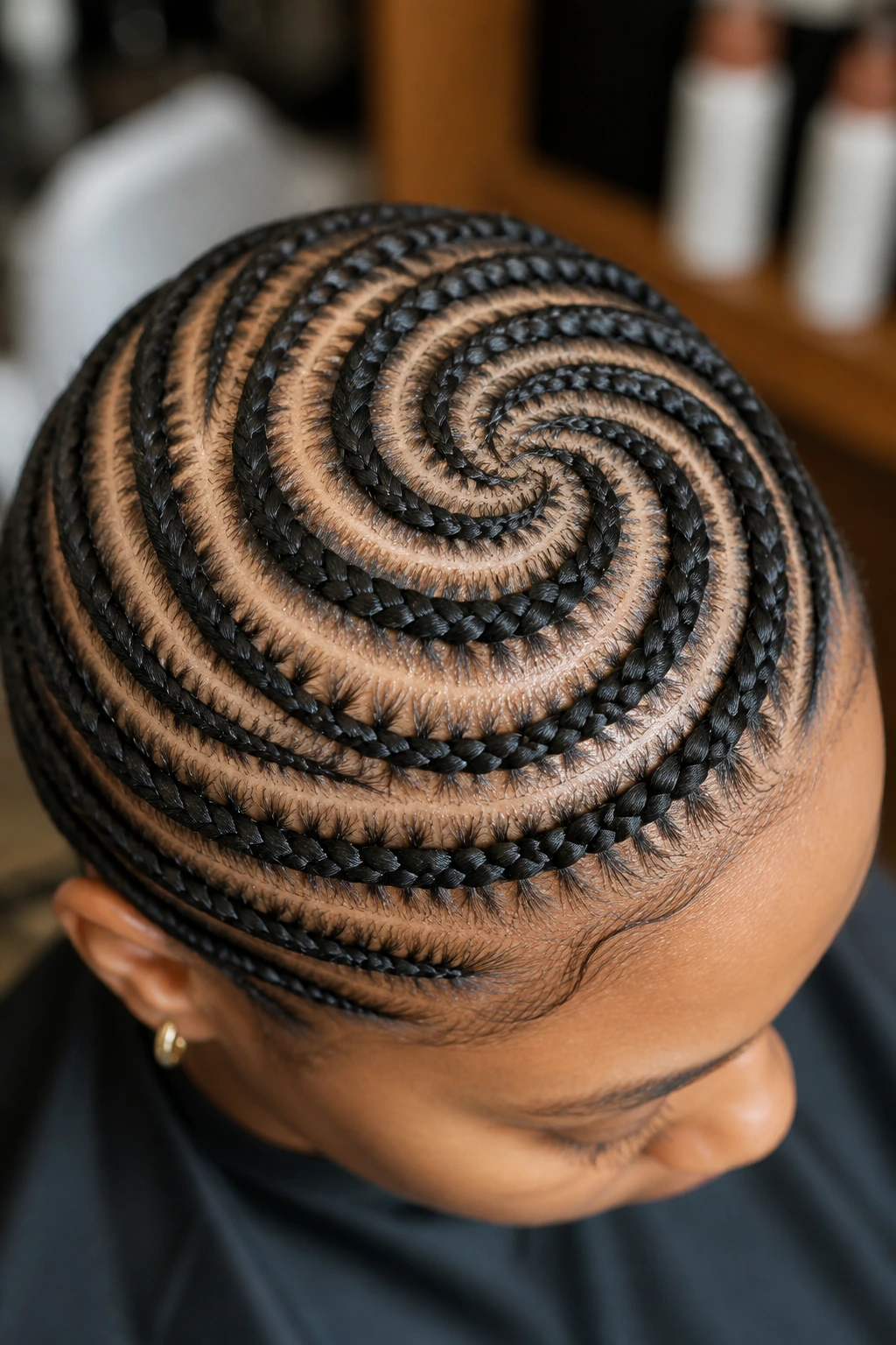 Close-up of spiral cornrow pattern on real person's head in a salon