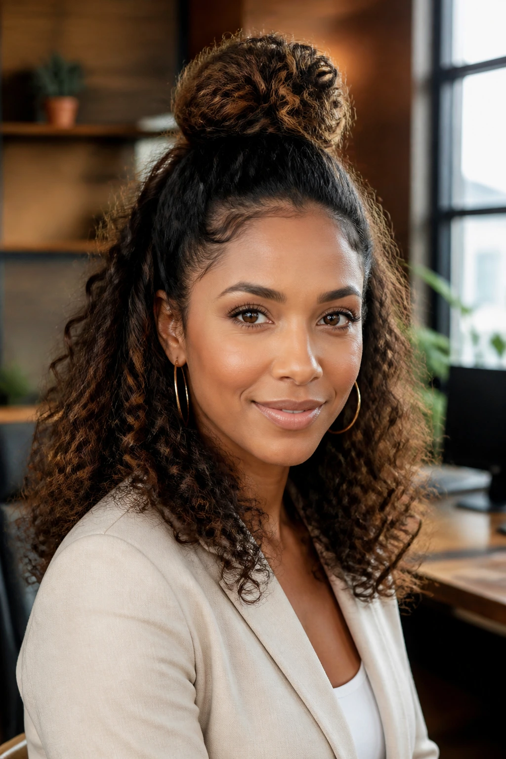 Close-up of a real woman with spiral curls and a half-up topknot