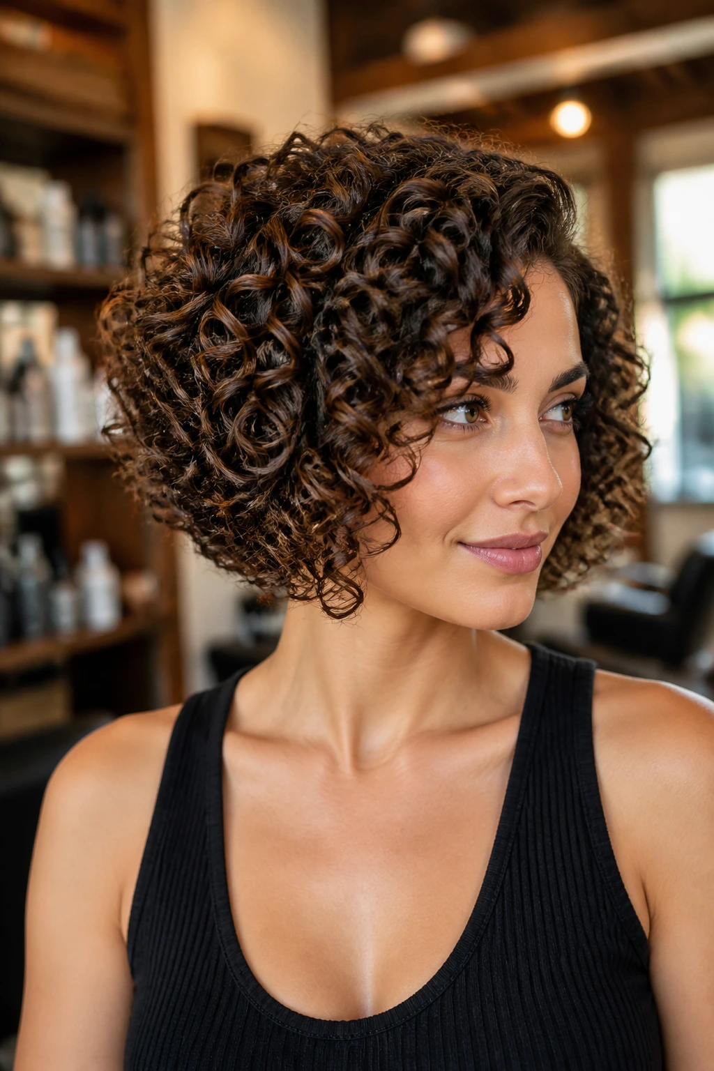 Close-up of a real woman with tight spiral curls in an inverted bob, warm salon lighting