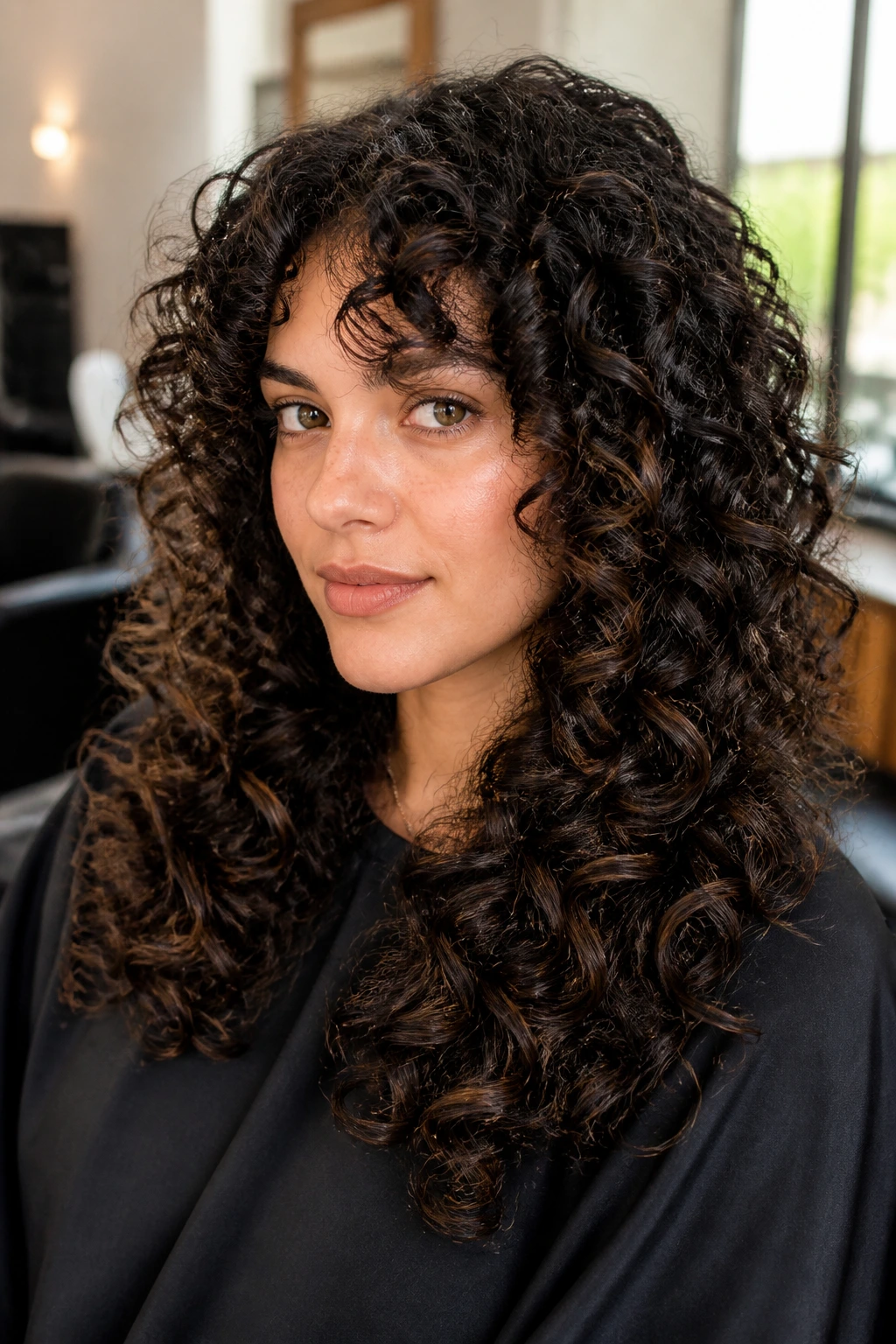 Close-up portrait of a real woman with spiral-cut layered curls in a salon setting