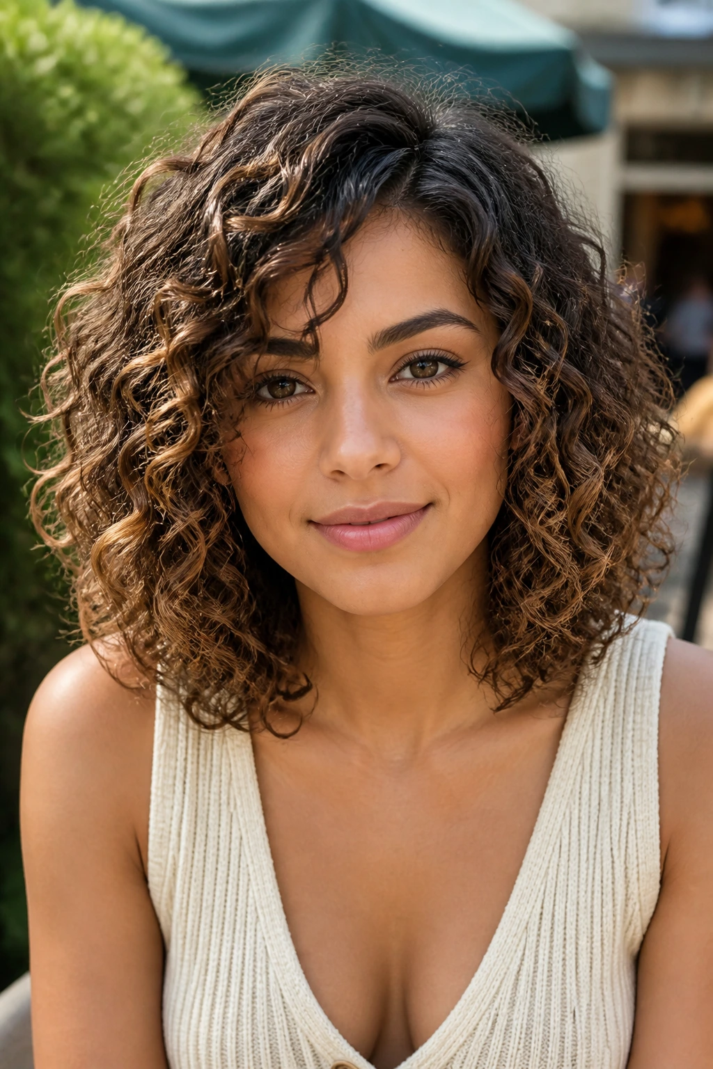 Shoulder-length lob with tight spiral curls on a real person