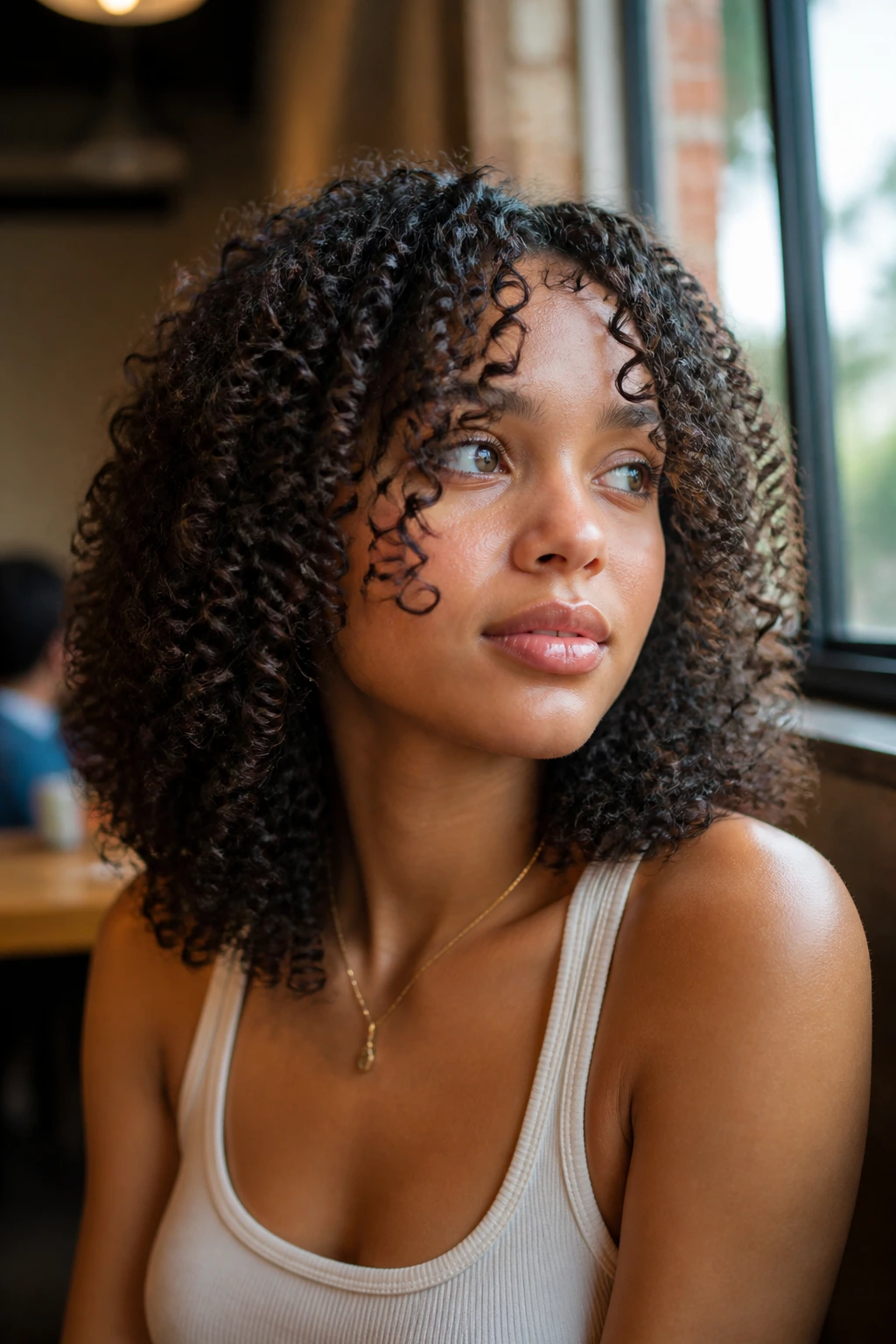 Medium close-up of a real woman with spiral-curly curtain bangs framing the cheeks
