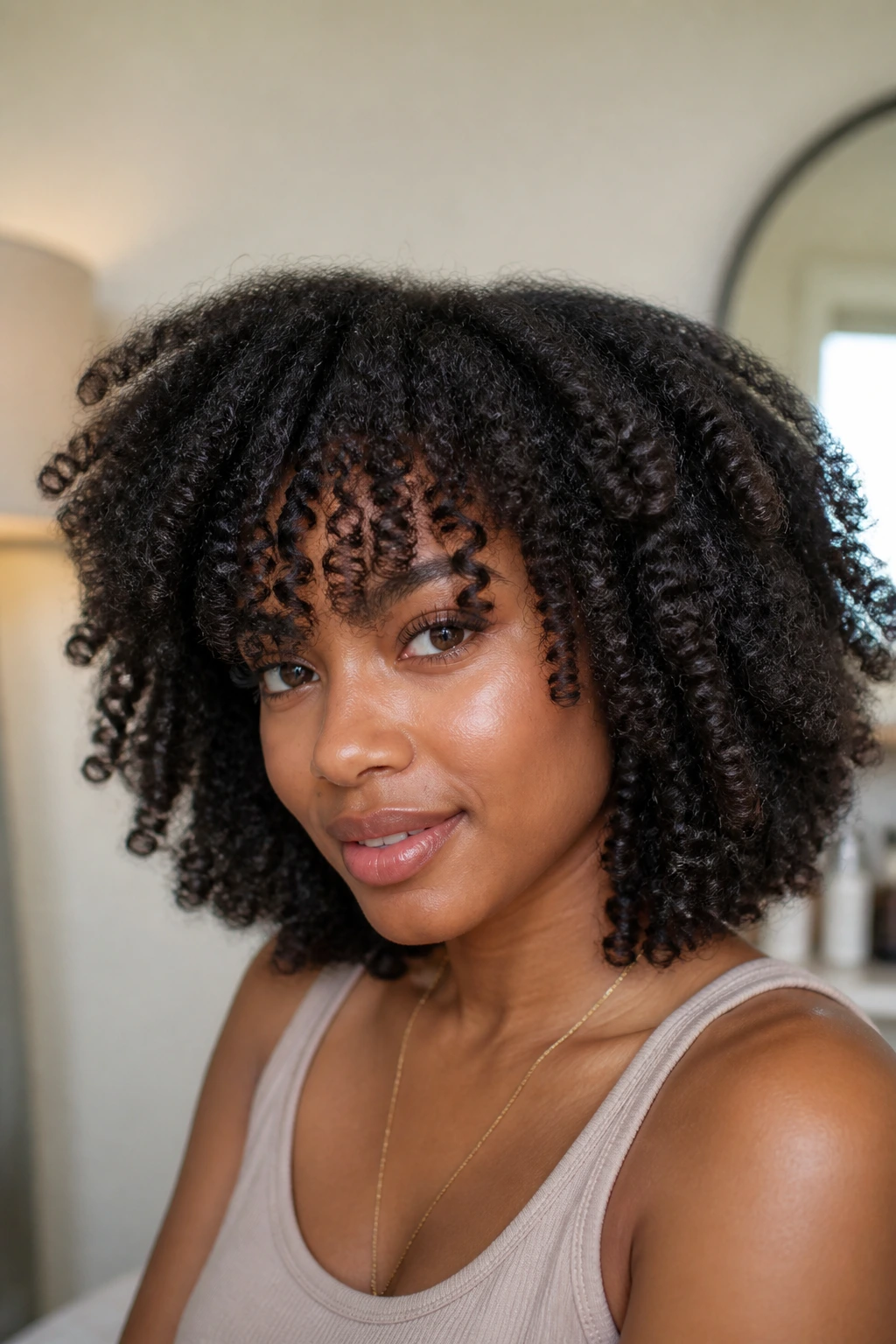 Close-up of a woman with spiral fringe framing the face