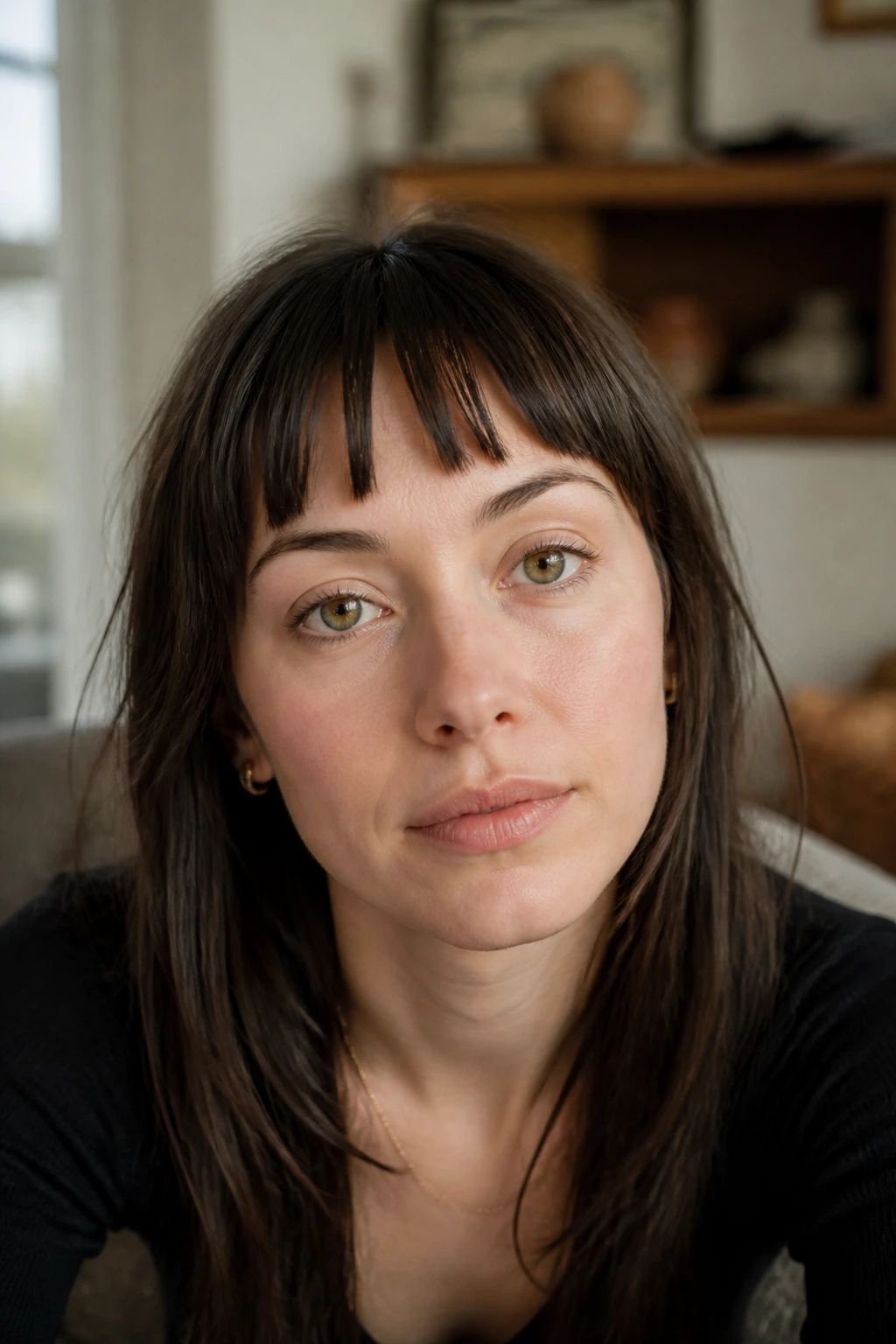 Close-up of a person with a piece-y split-apart baby fringe