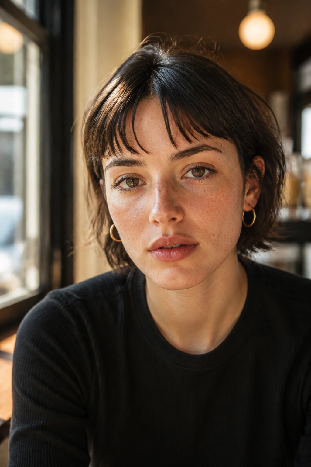 Close-up of a real woman with split baby bangs in cafe window light