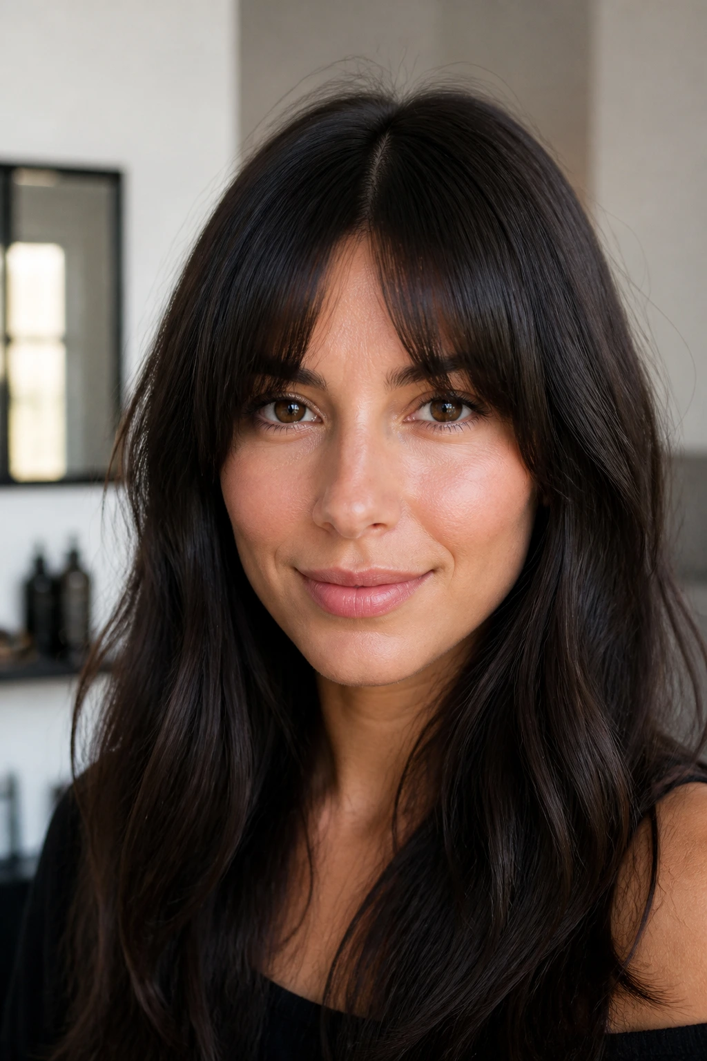 Close-up portrait of a woman with split straight bangs showing a subtle middle part