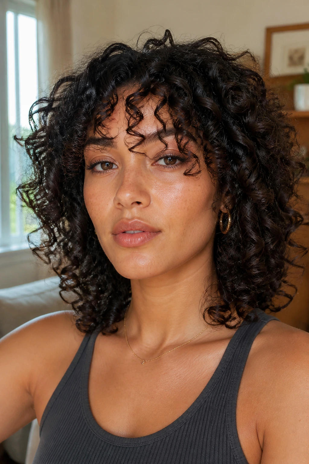 Close-up of a real person with center-parted bangs and tight springy curls