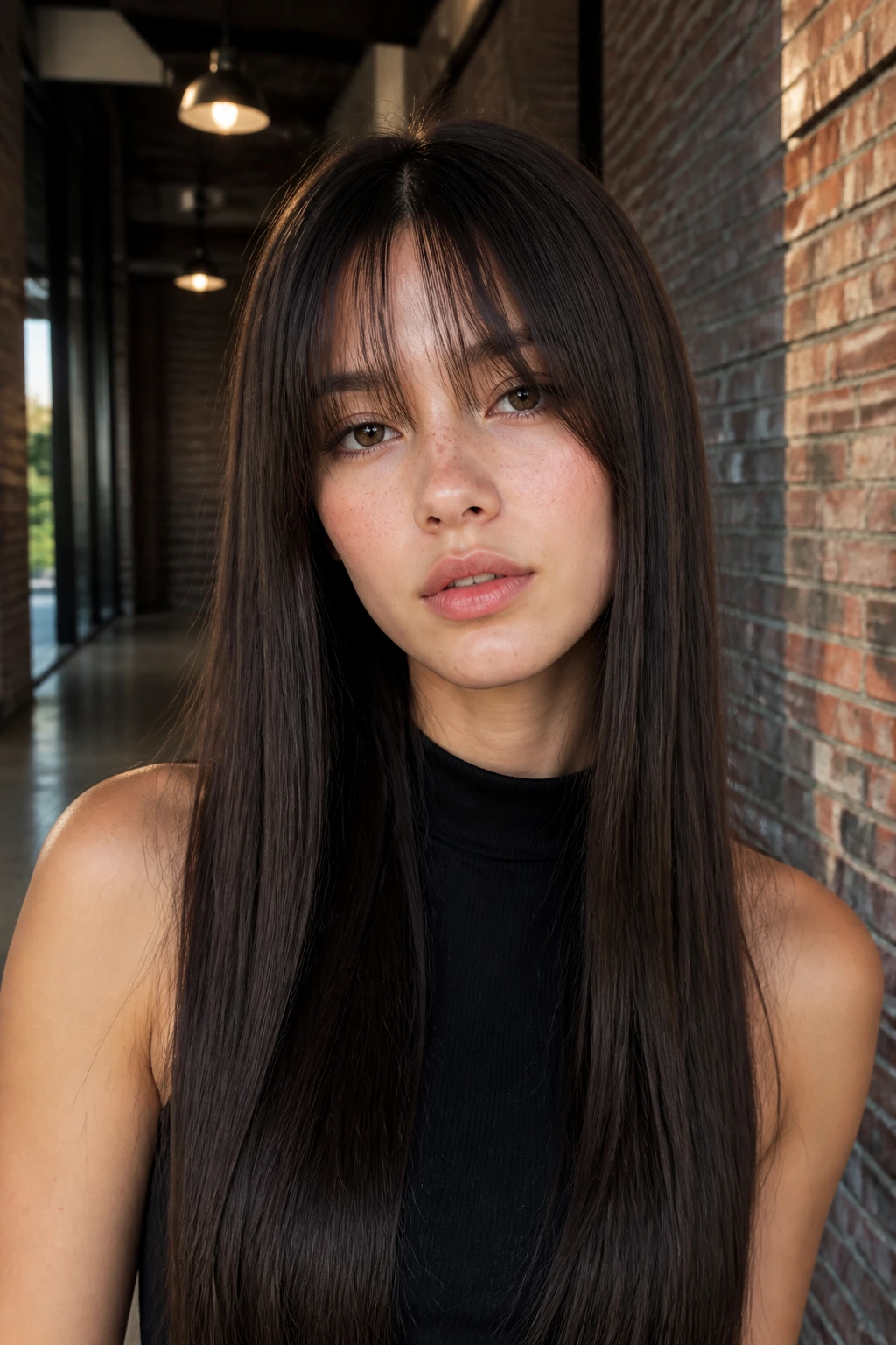 Close-up portrait of a real person showing a split center straight bangs with one-length hair in an urban setting