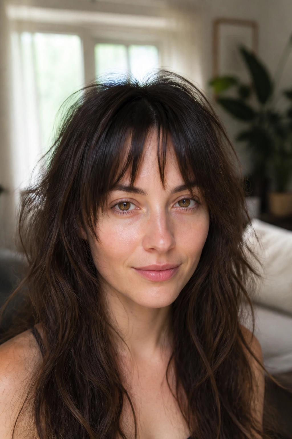 Close-up of split-center jagged fringe on a real woman in natural light