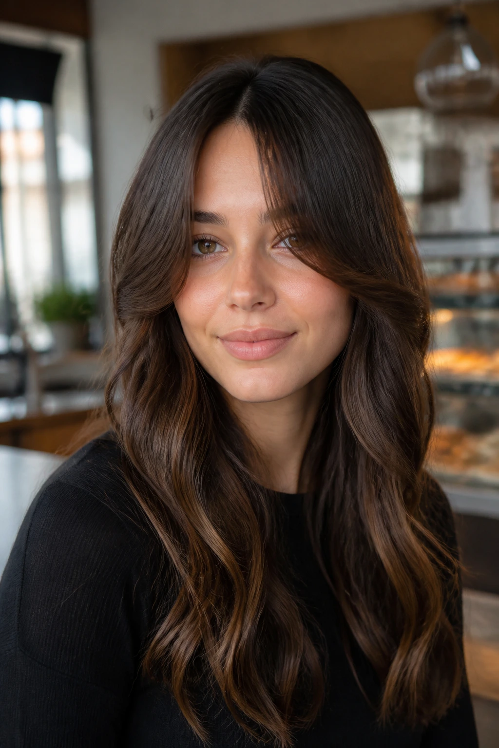 Real person with split center-part bangs and relaxed flat-iron waves in a bright cafe.