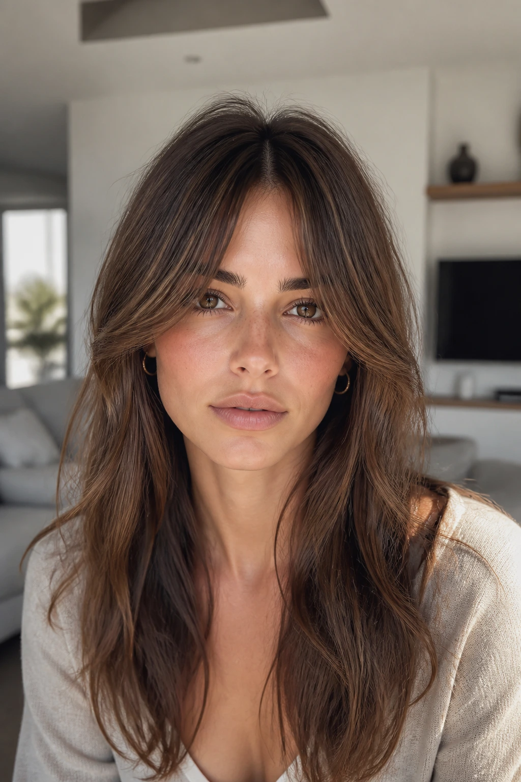 Real person with split center-parted bangs parted in the middle