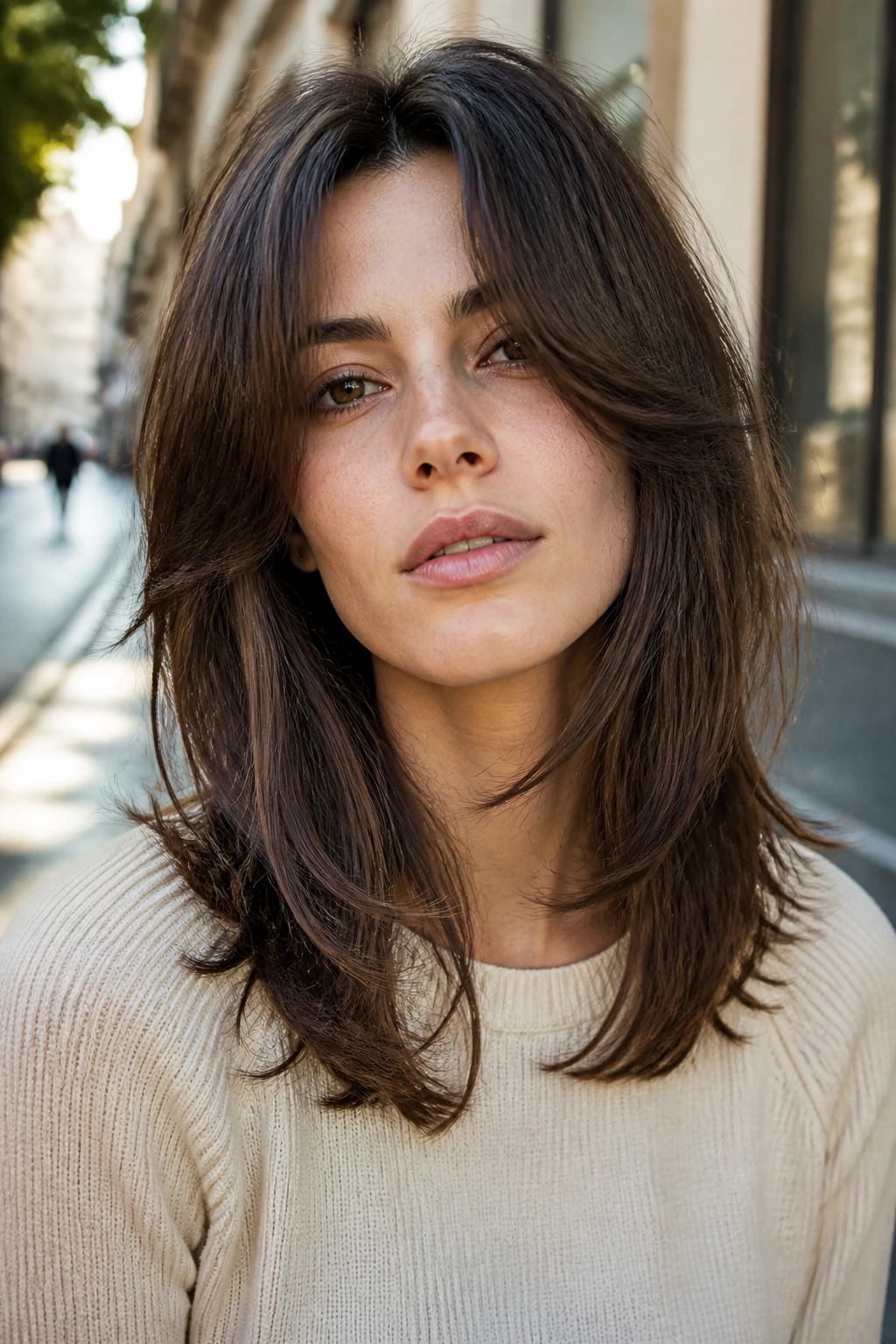 Woman with split curtain bangs blending into collarbone layers