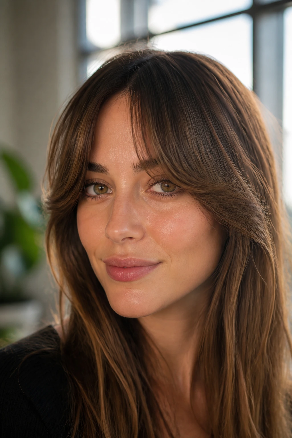 Close-up portrait of a woman with split curtain bangs framing eyes