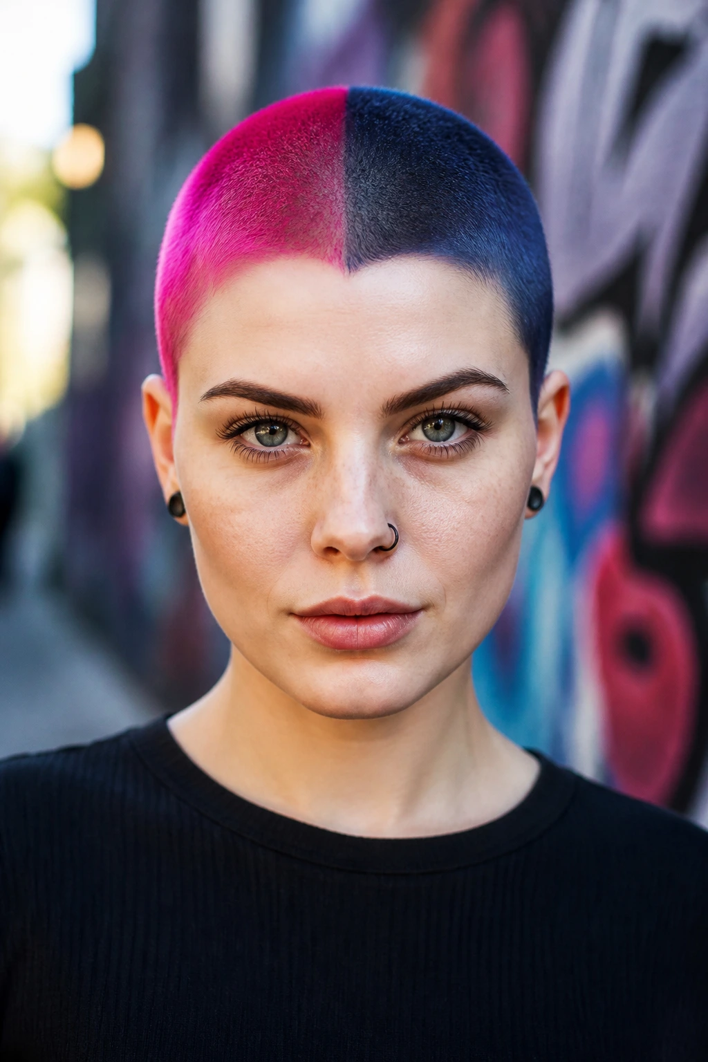Front-facing portrait of split-dyed two-tone buzz hairstyle