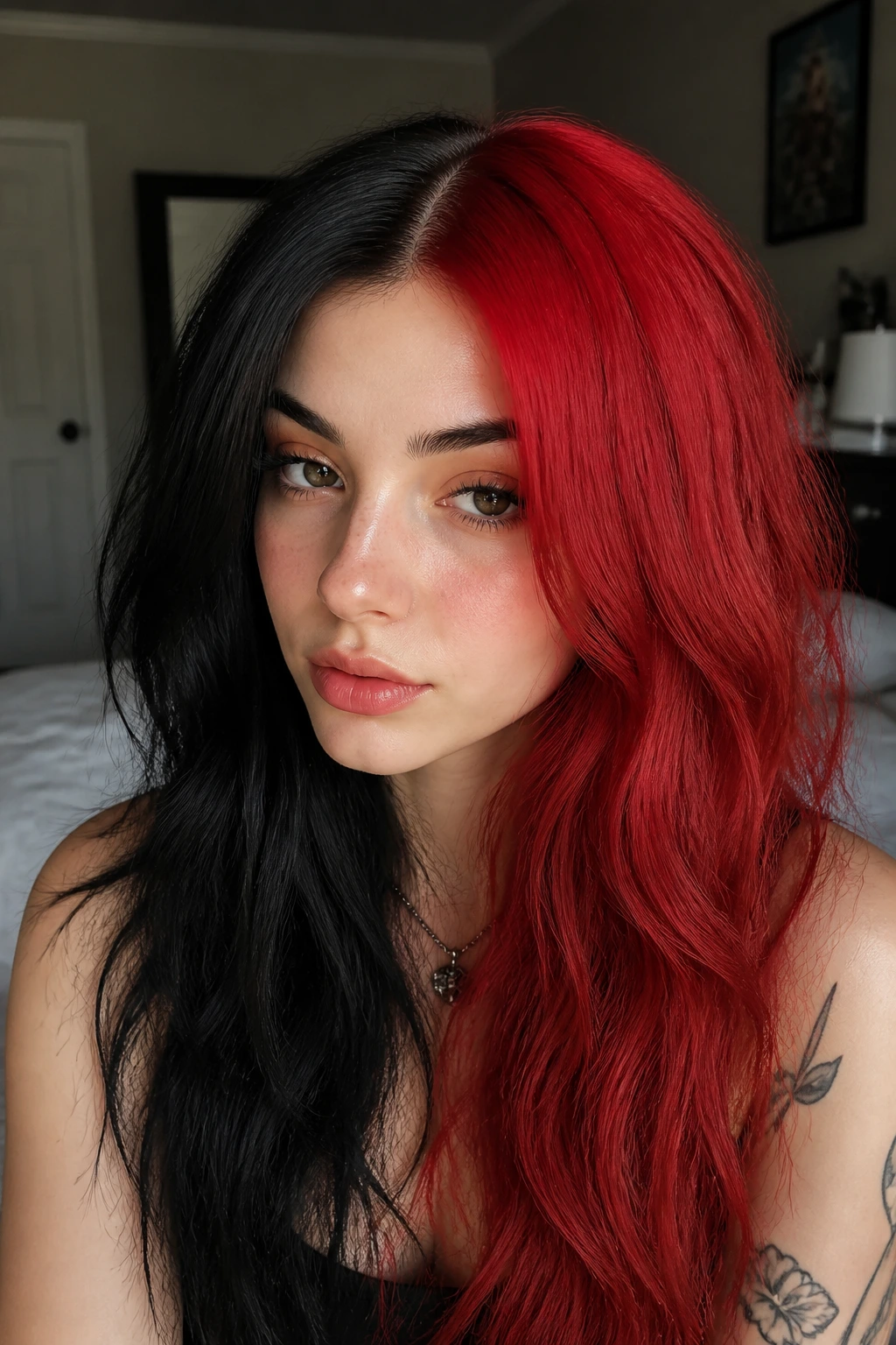 Close-up of a real woman with a split black and red mane, thick hair fills the frame.