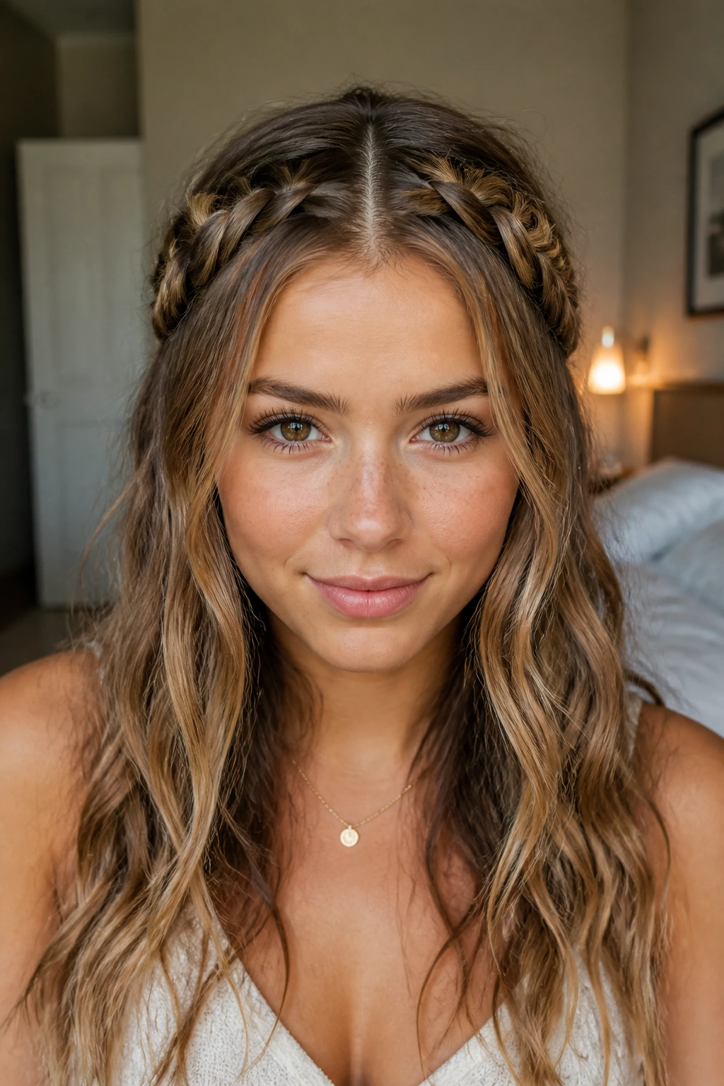 Front portrait of a real woman with split French braids at the bangs
