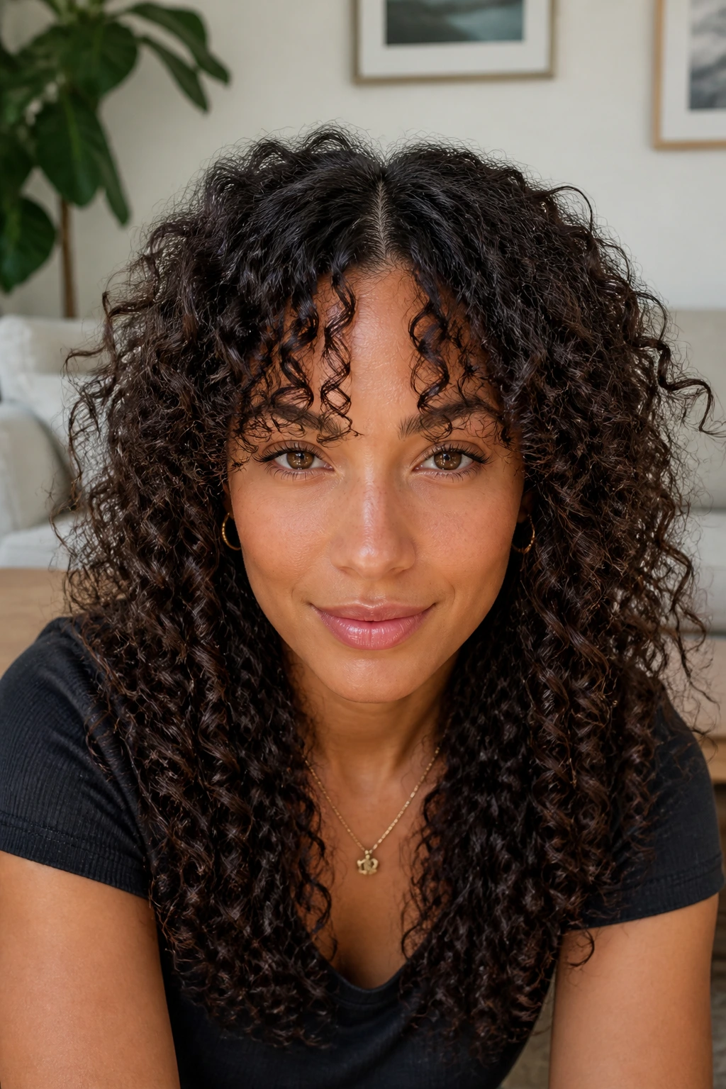 Close-up of a real person with a center-parted, split-middle fringe.