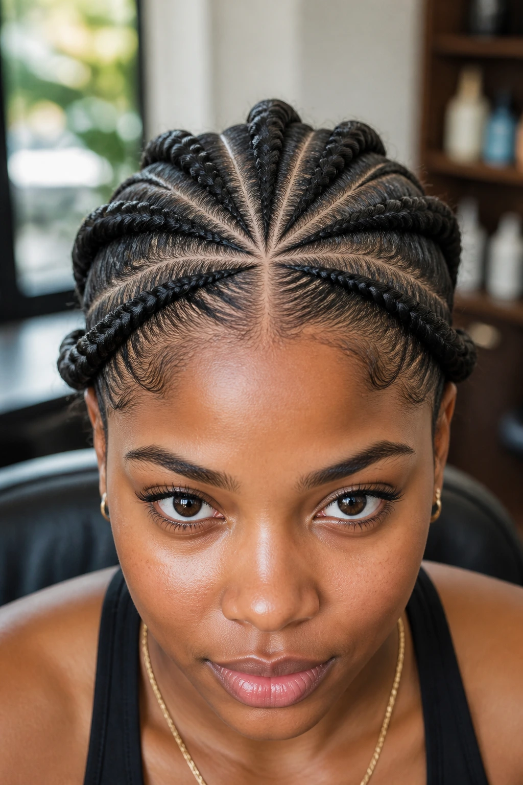 Close-up of a real person's spoked wheel cornrows radiating from the crown
