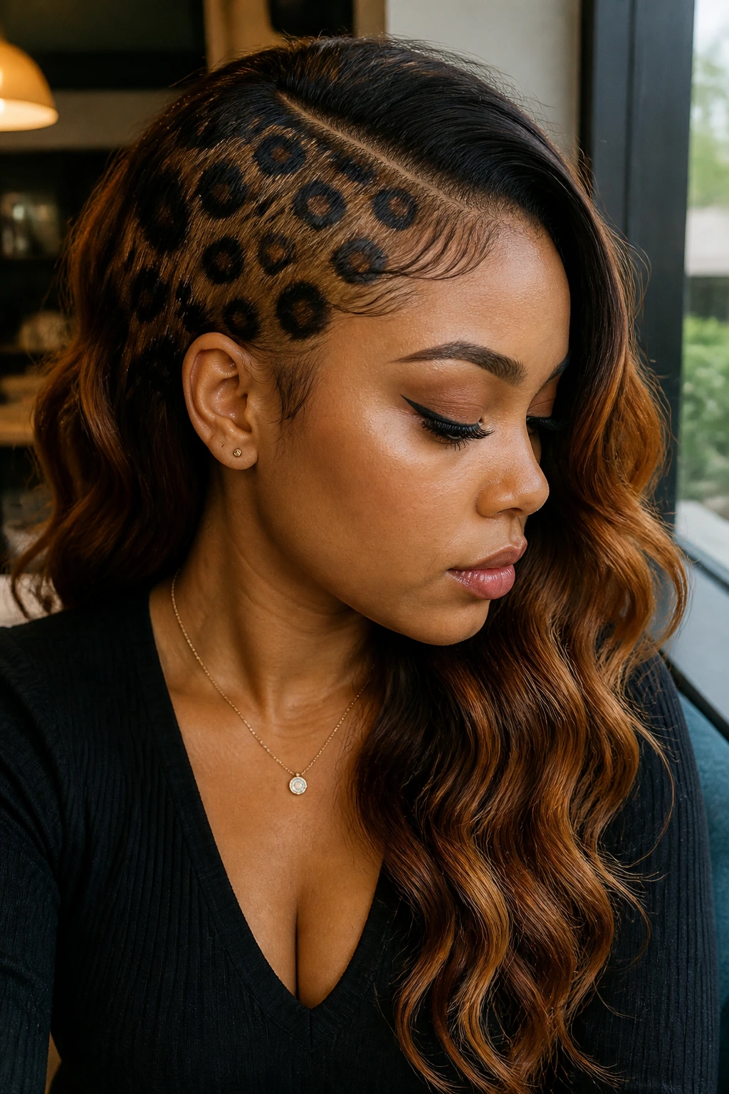 Close-up of leopard print hair with side-part styling on real person