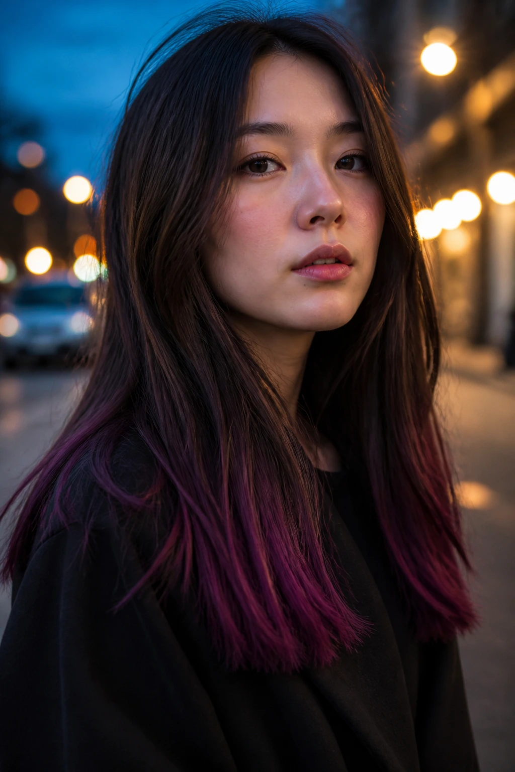 Close-up of a real person with orchid-ended hair