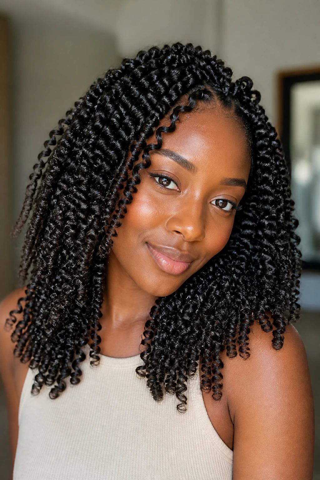 Close-up of a real woman with spring twists crochet hairstyle
