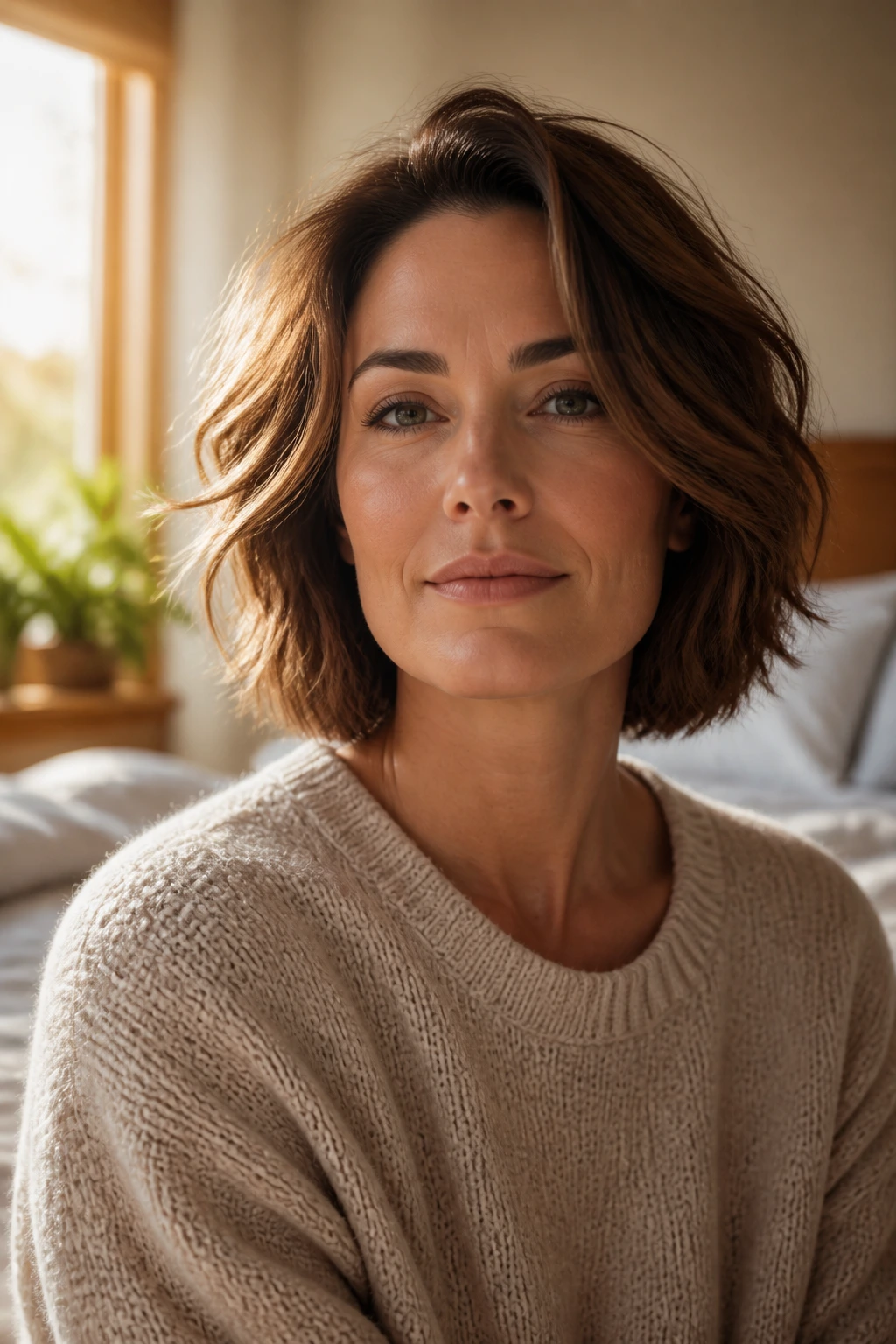 Close-up portrait of a woman with a square jawline and soft hairstyle to soften angles