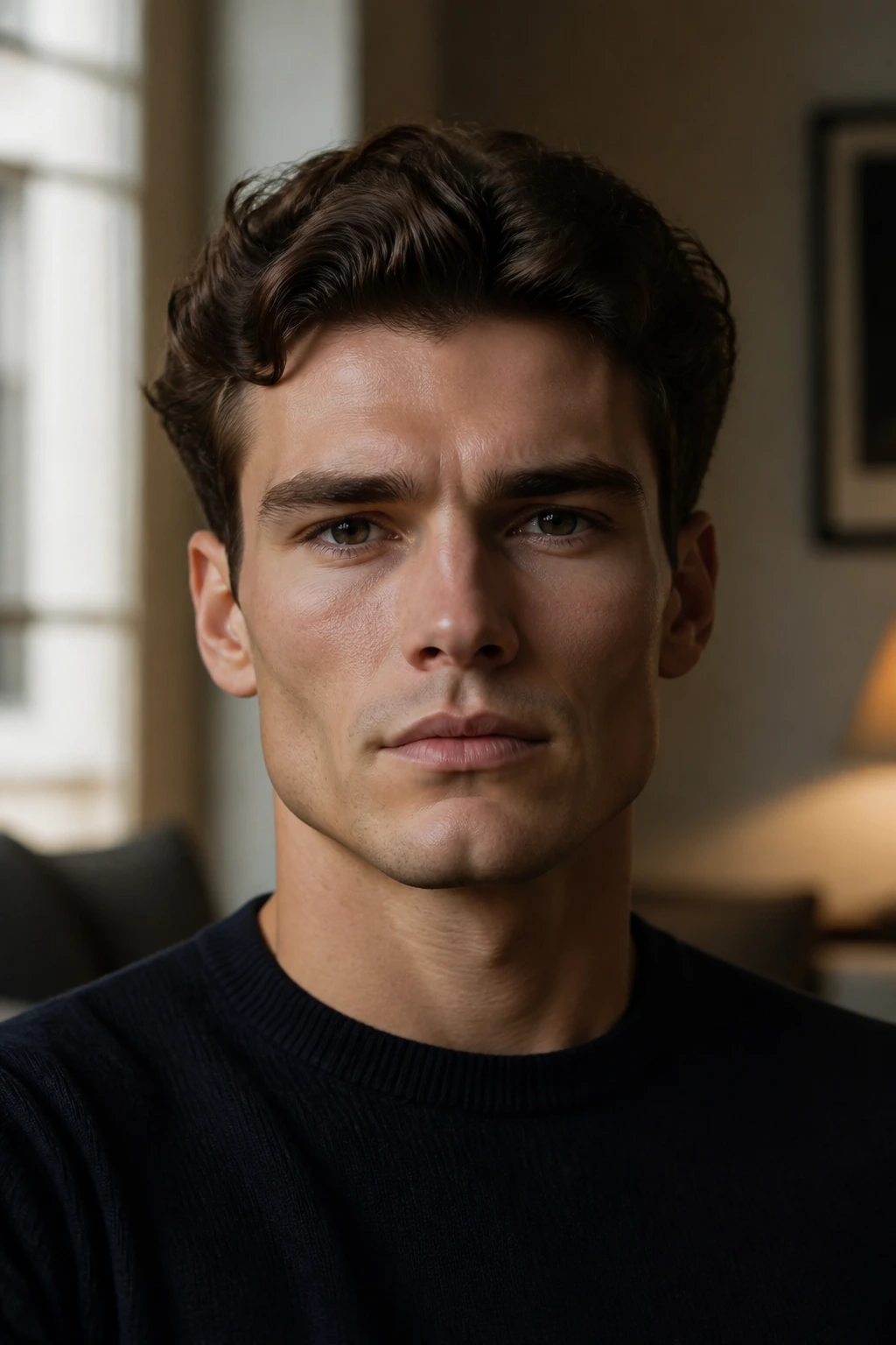 Close-up portrait of a real person with a square jaw and angular cheekbones in natural window light