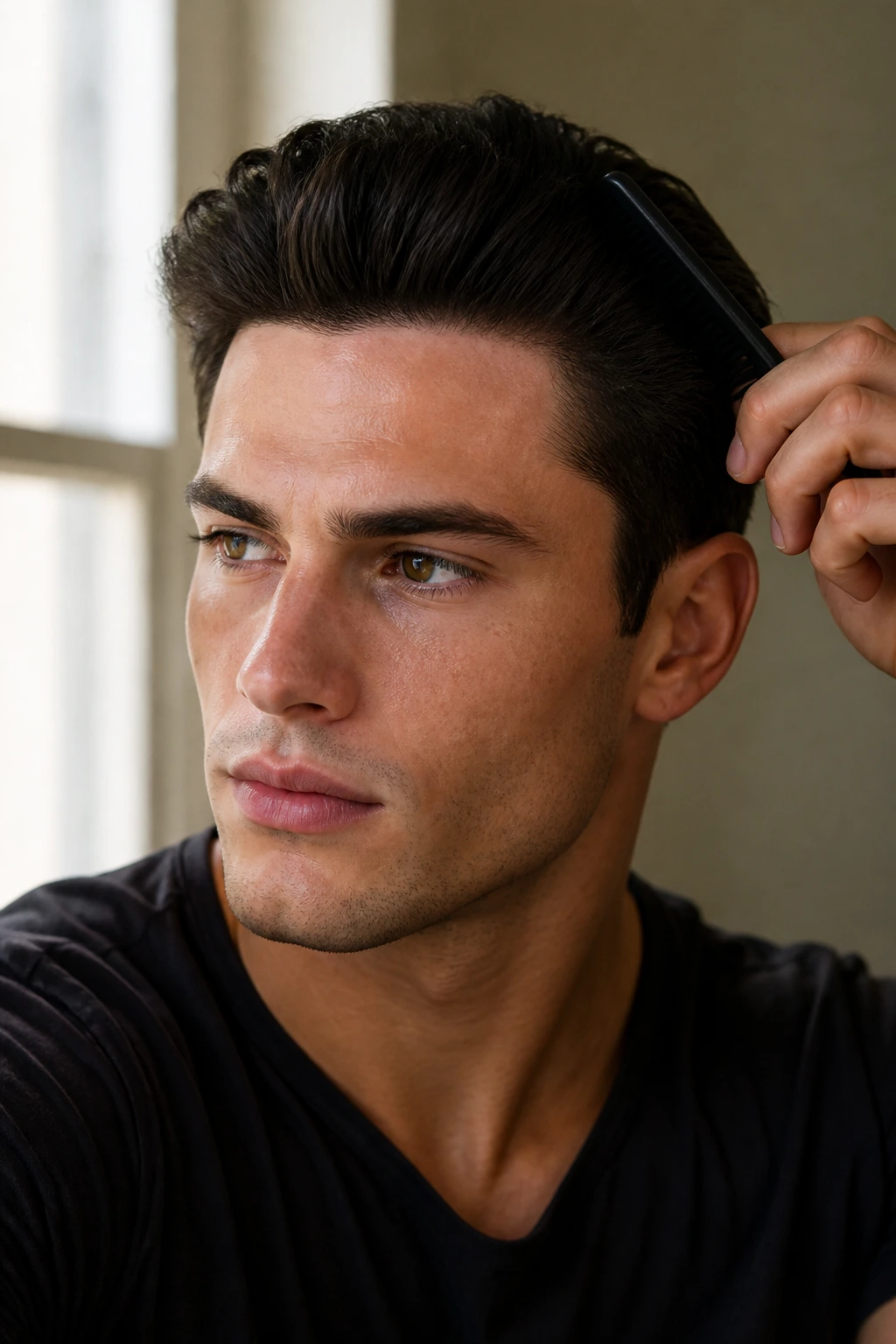 Close-up portrait showing a square jawline and heavy forehead hairline in natural window light