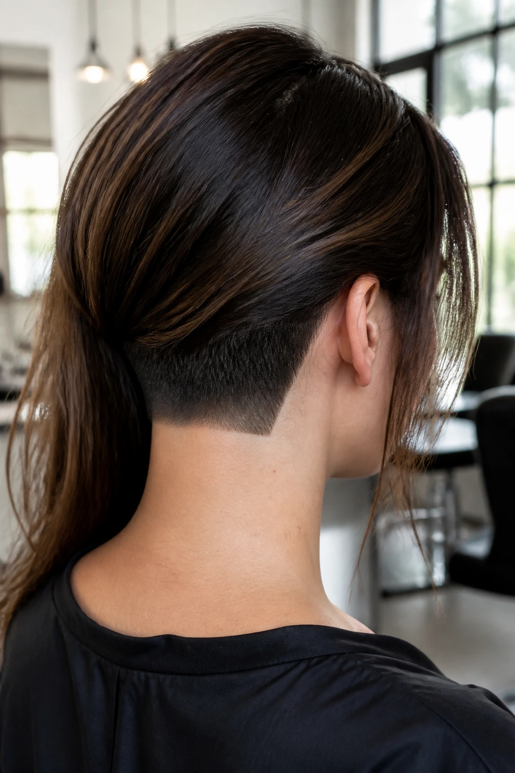 Rear three-quarter view of a real person with a square nape line in long hair