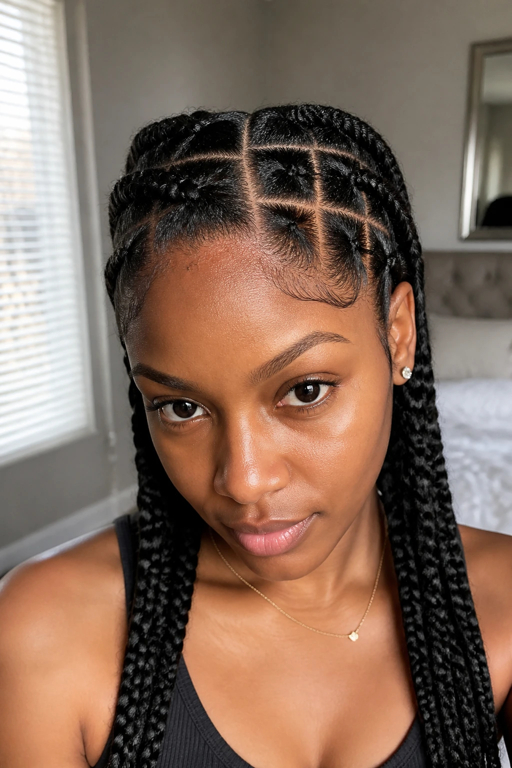 Close-up of a real woman with crisp square parts on her scalp.