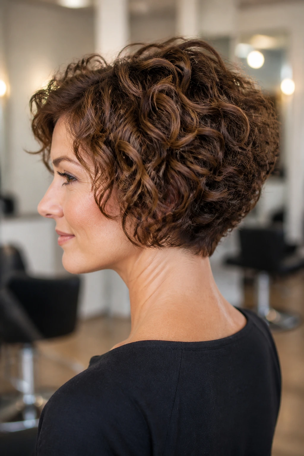 Portrait of real person with stacked-back curly bob