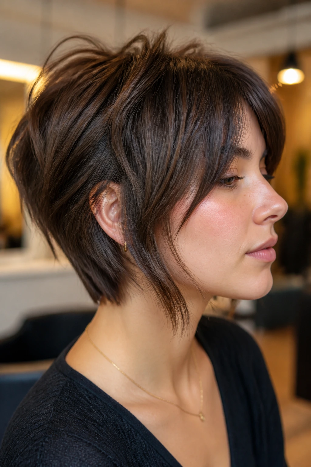 Close-up of a real person showing stacked-back shag haircut with short back layers.