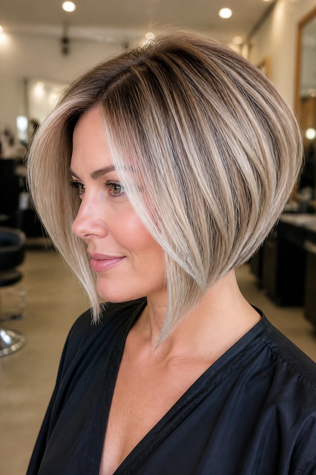 Three-quarter view of a real woman with a stacked bob and cool-toned blonde balayage