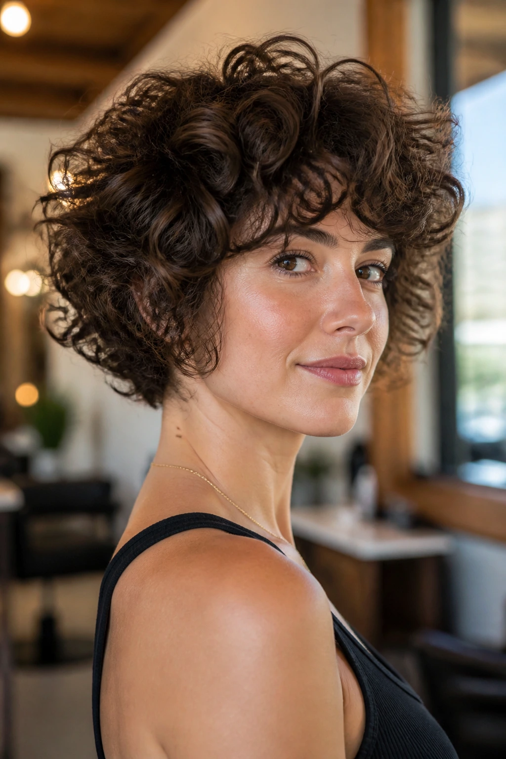 Close-up of a person with stacked bob and volumetric curly fringe in a warm salon.