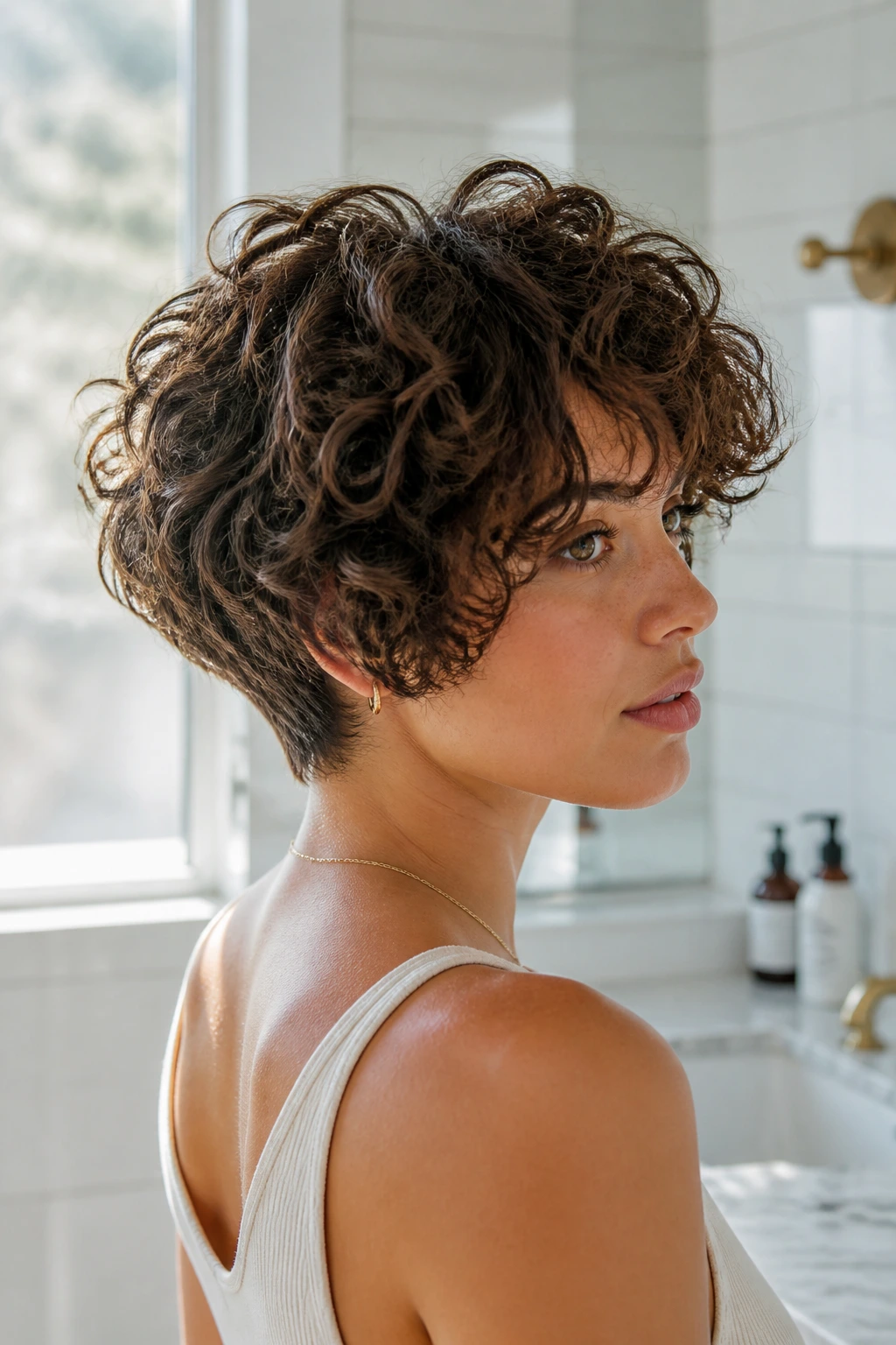 Close-up of a real woman showing volume-heavy stacked curly bob at the nape.