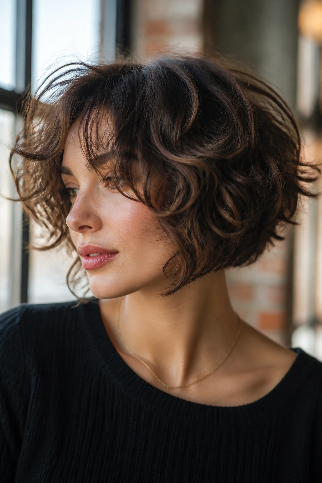 Portrait of a real woman with a stacked back bob and long fringes