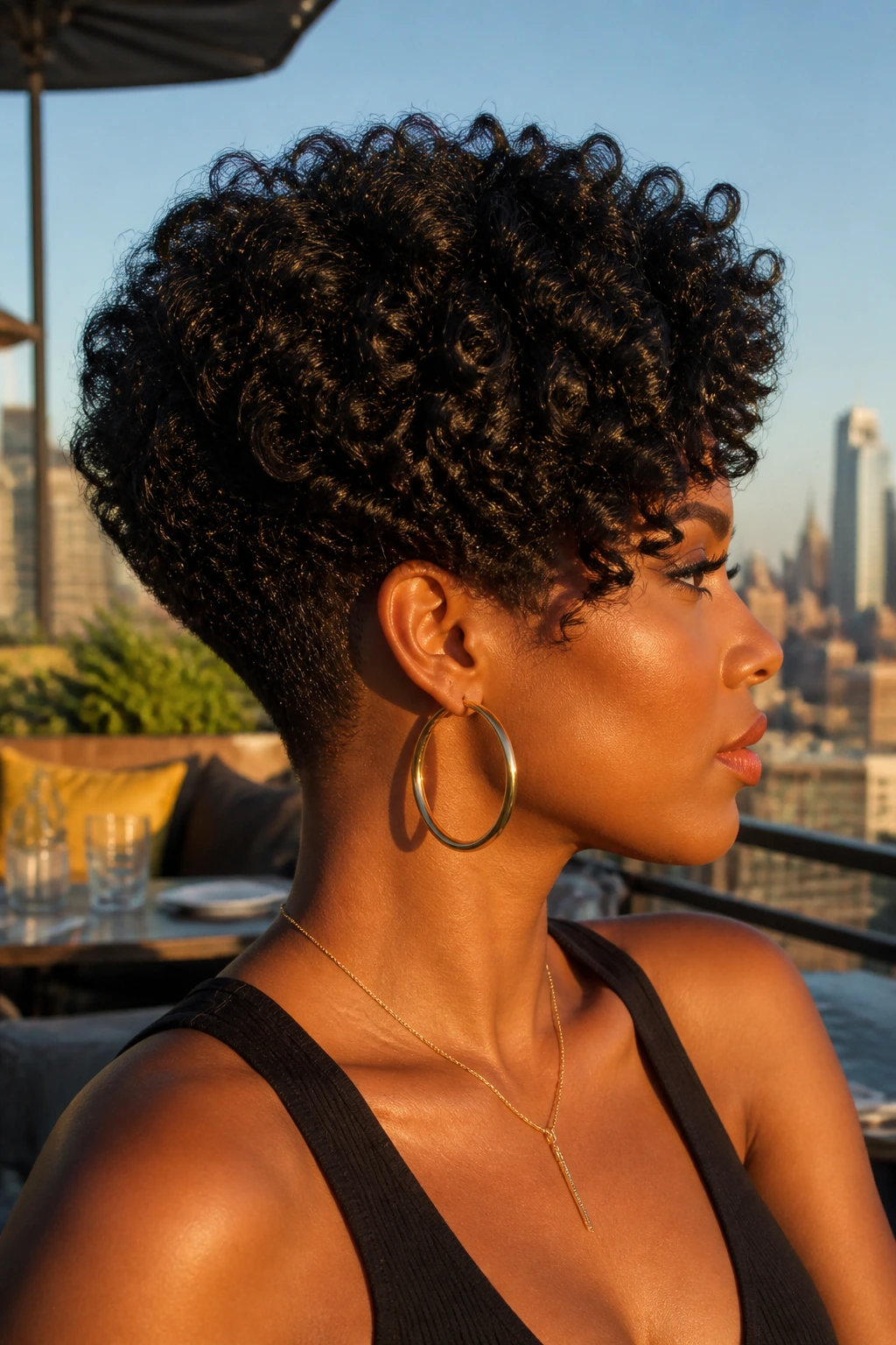Real woman showing stacked bob with defined taper in golden hour light.