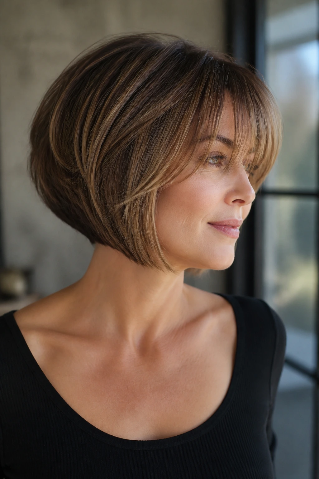 Close-up of a real person with stacked bob and feathered bangs in soft window light