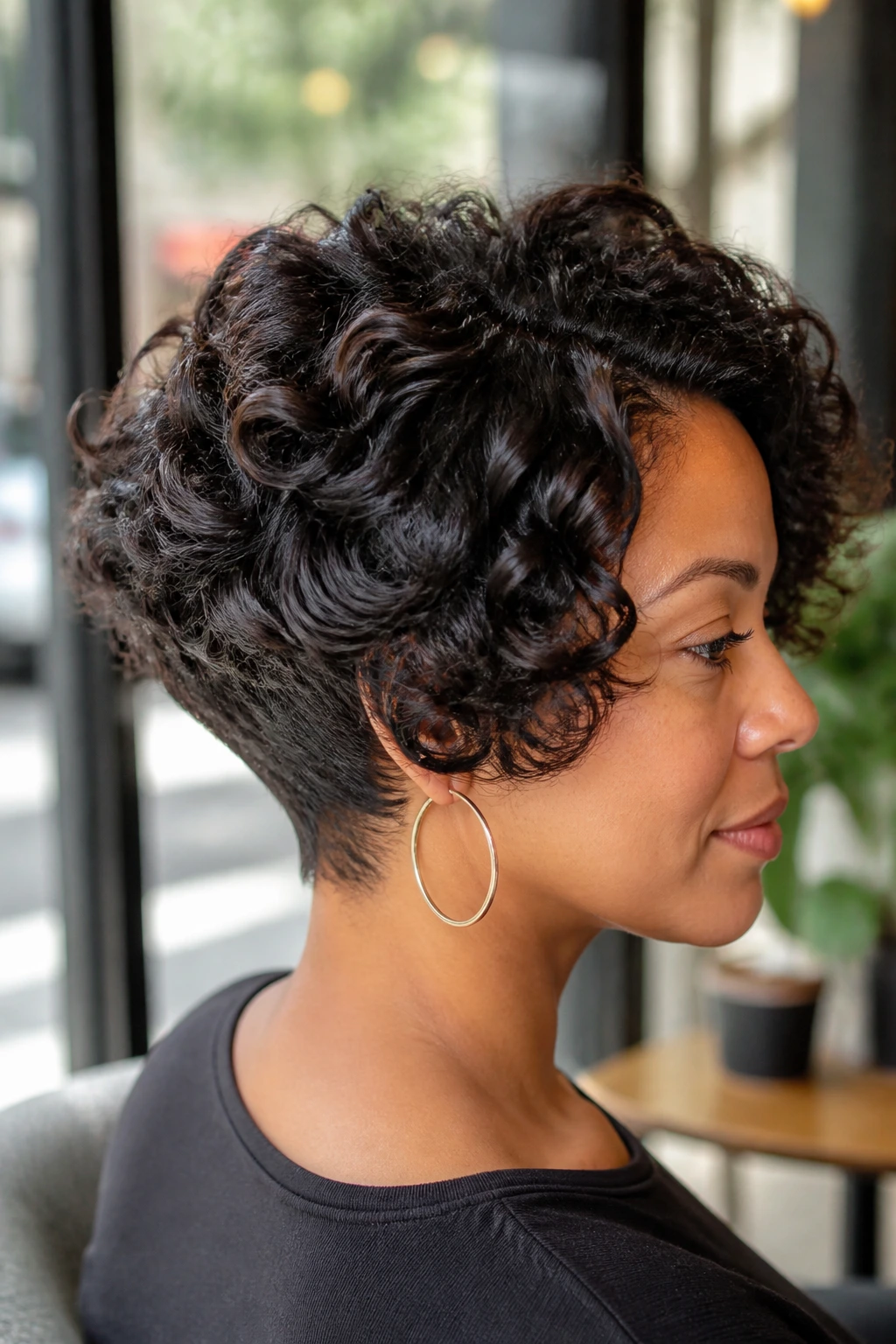 Portrait of real woman with stacked bob showing hidden crown volume in warm cafe light