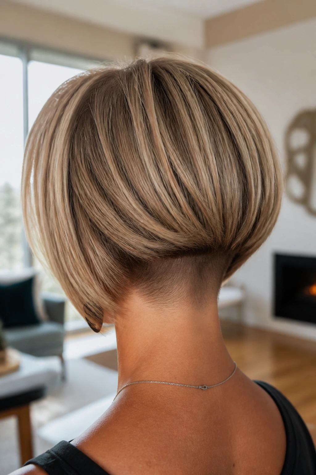Back-of-head portrait of a real woman with stacked bob and interior undercut